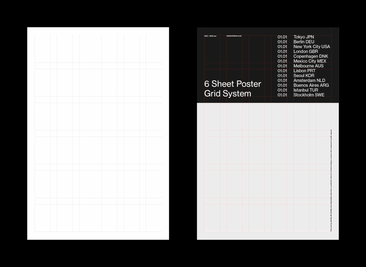A side-by-side view of a 6-sheet poster template and its underlying grid system. The layout uses a flexible column and row structure to organise large-format content, with clear typographic hierarchy and a balanced composition. This example highlights how a grid system supports layout consistency and typographic clarity across poster design formats.