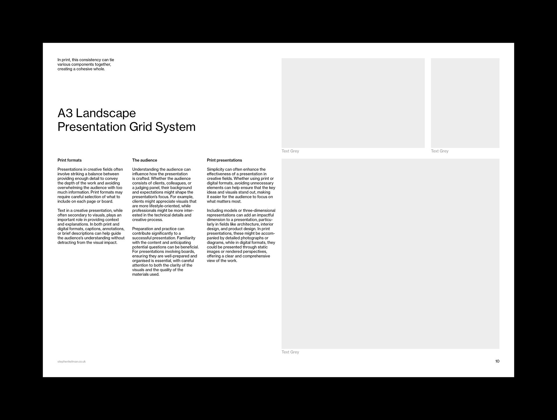 A page showing the A3 landscape presentation grid system. The left side of the page is filled with white text blocks and a section for “Text Grey.” The title “A3 Landscape Presentation Grid System” is prominently displayed at the top left. The page contains three large blocks labeled “Text Grey,” with a minimalist design intended to focus on the content of the grid system. There are sections discussing topics like “Print formats,” “The audience,” and “Print presentations,” with the text describing how these concepts relate to effective presentation design. The layout and visual components enhance the readability and focus on the information presented.