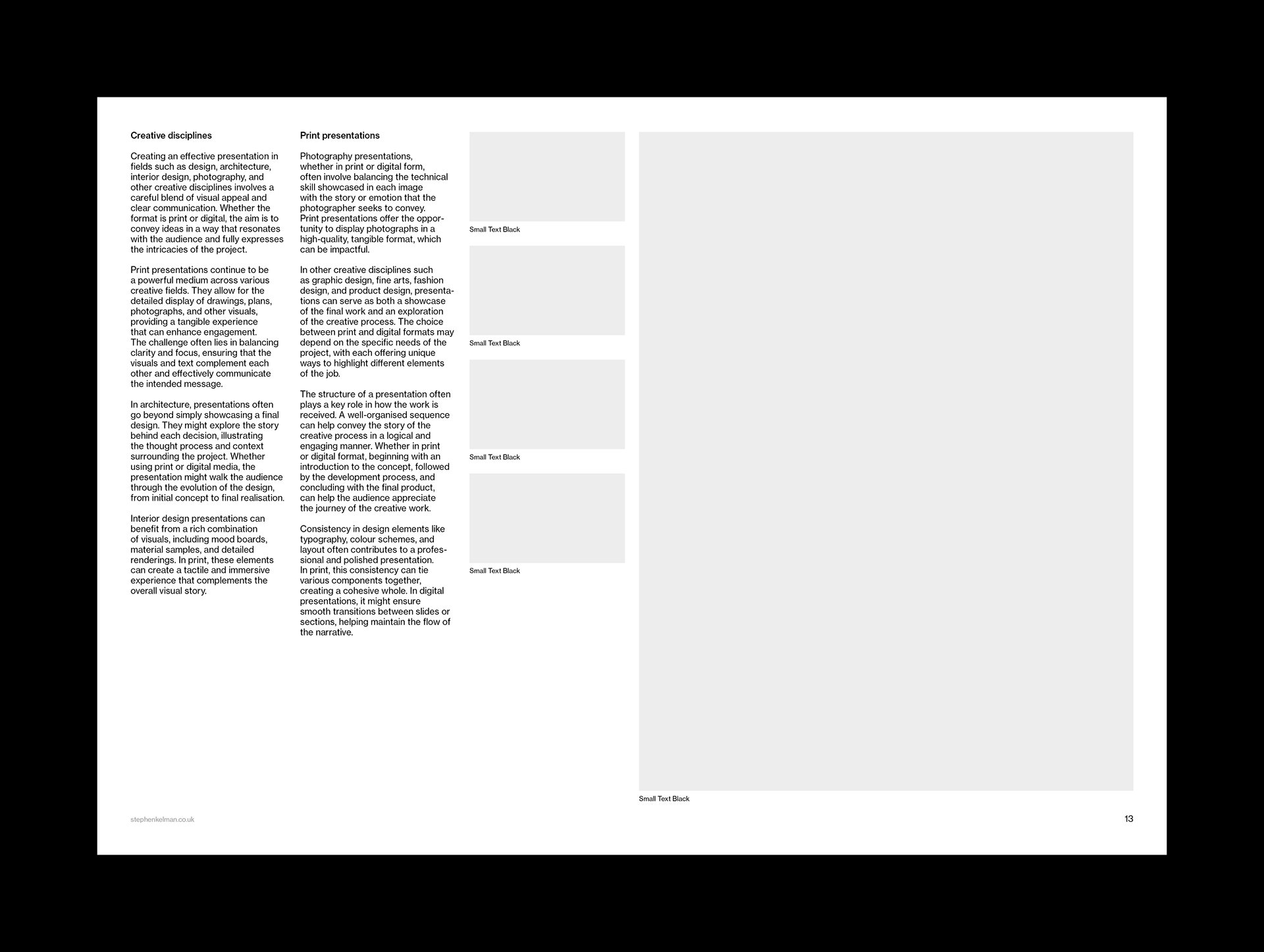 A presentation grid system for A3 landscape format with placeholders for text and images, designed for creative and professional use.