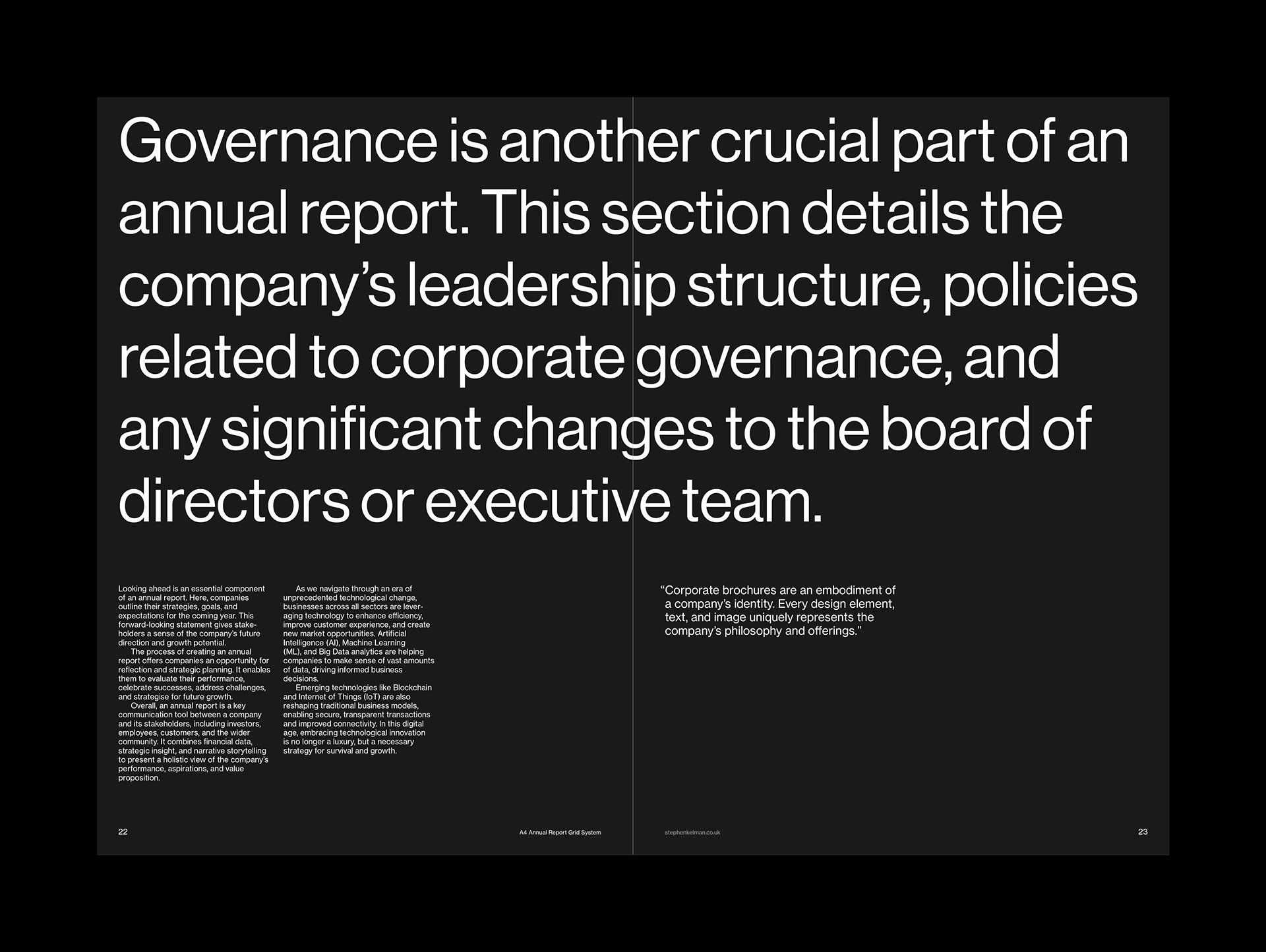 A4 Annual Report Grid System for InDesign | Internal spread design with large quote