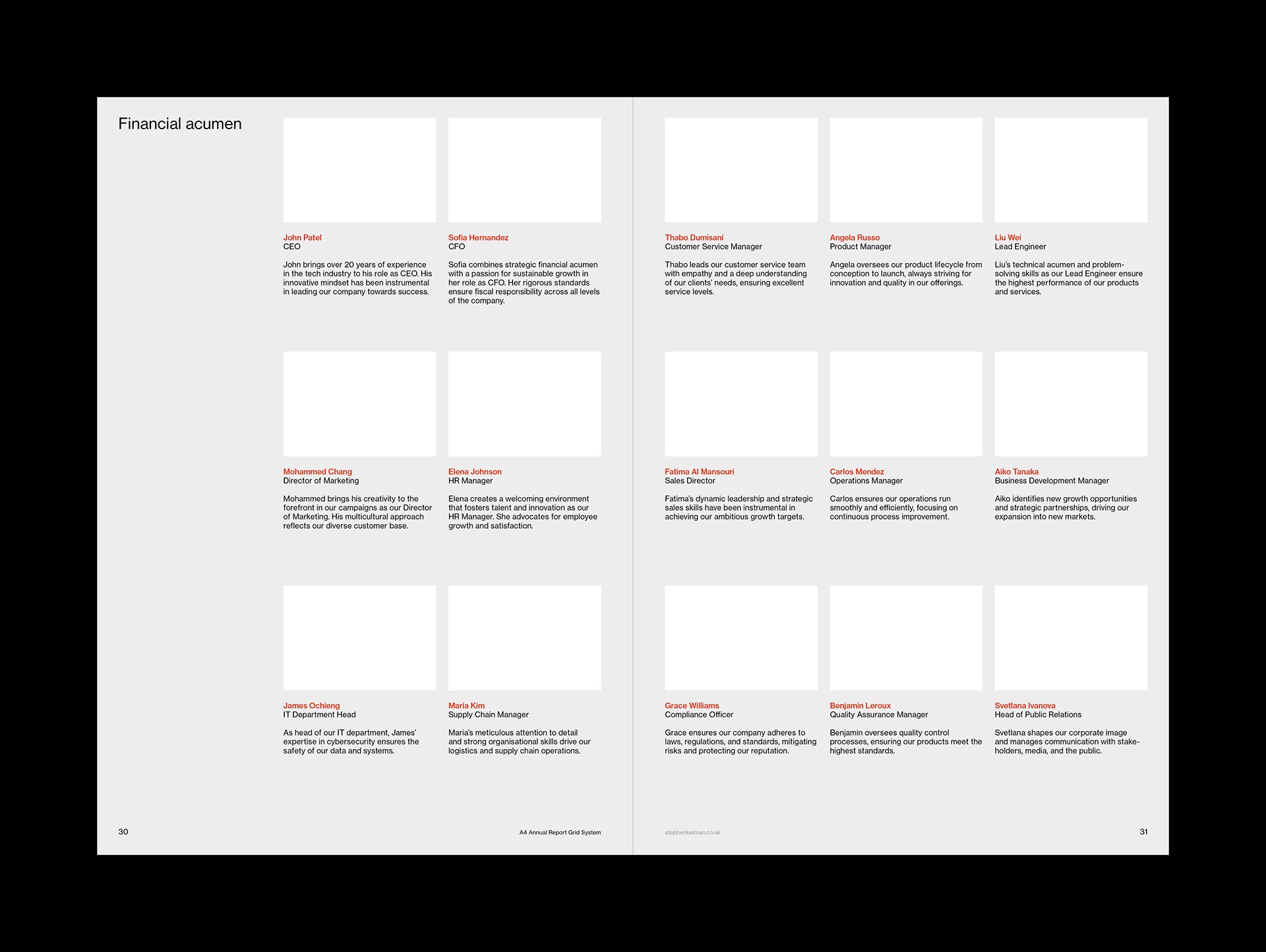 A4 Annual Report Grid System for InDesign | Internal spread design for team member pages