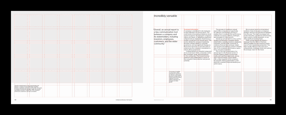 animated gif showing grid system and Swiss style typography layout examples for an A4 landscape InDesign template