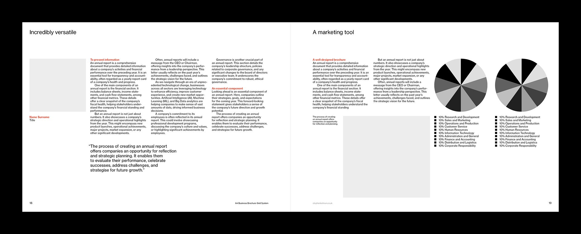 Spread design for A4 landscape InDesign grid system template. The layout shows a pie charts as well as a mix of text and images