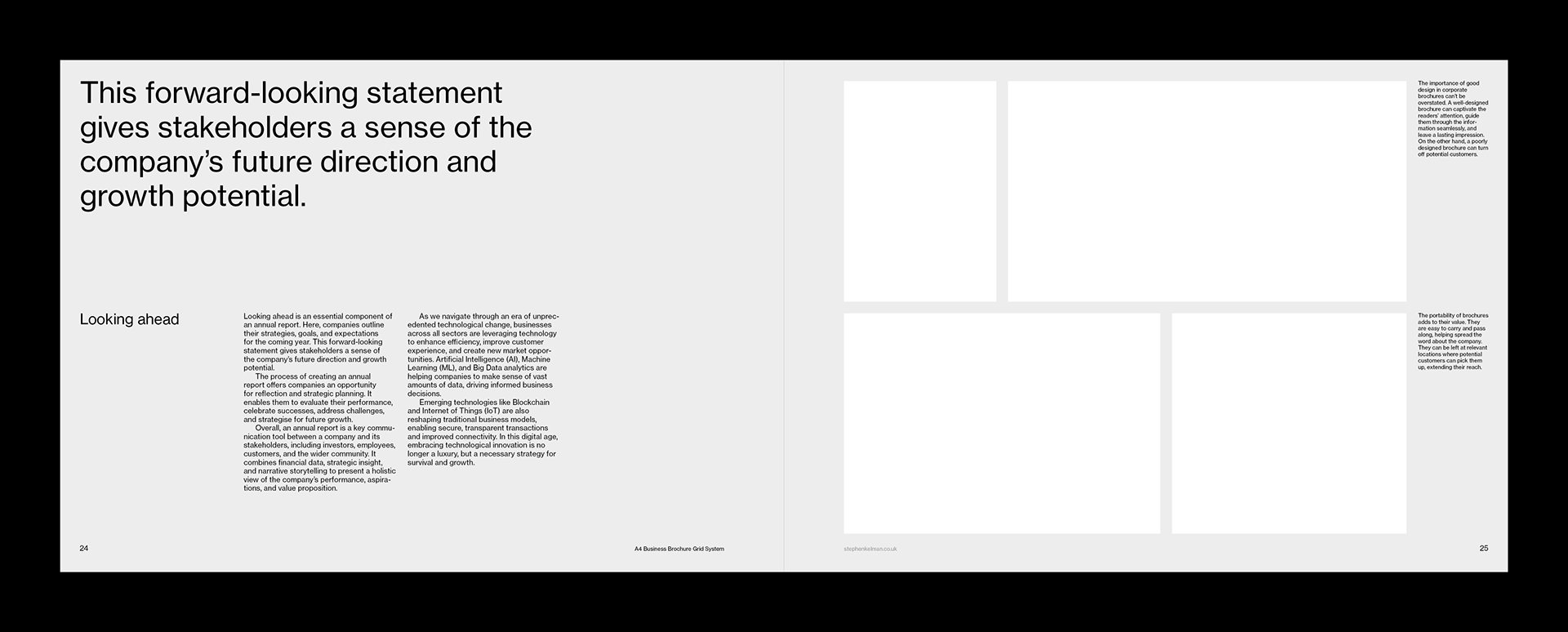 Spread design on light background shows large pullquote on the left with some paragraphs of text and two images