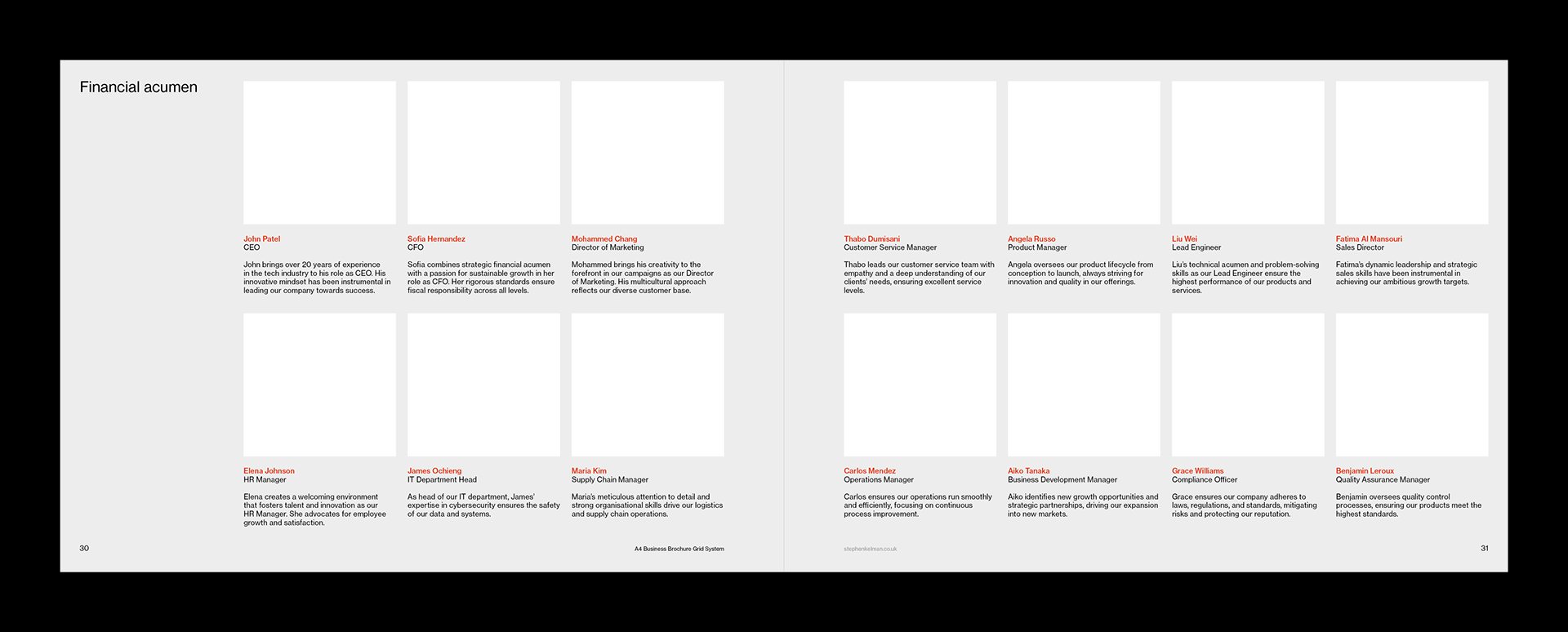 A4 landscape brochure spread design for the personnel page of a corporate report