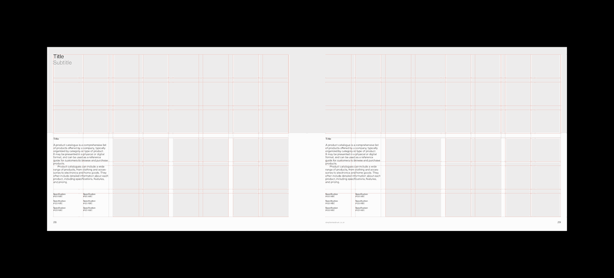 Animation showing grid system and example designs for an A4 landscape catalogue template for Adobe InDesign