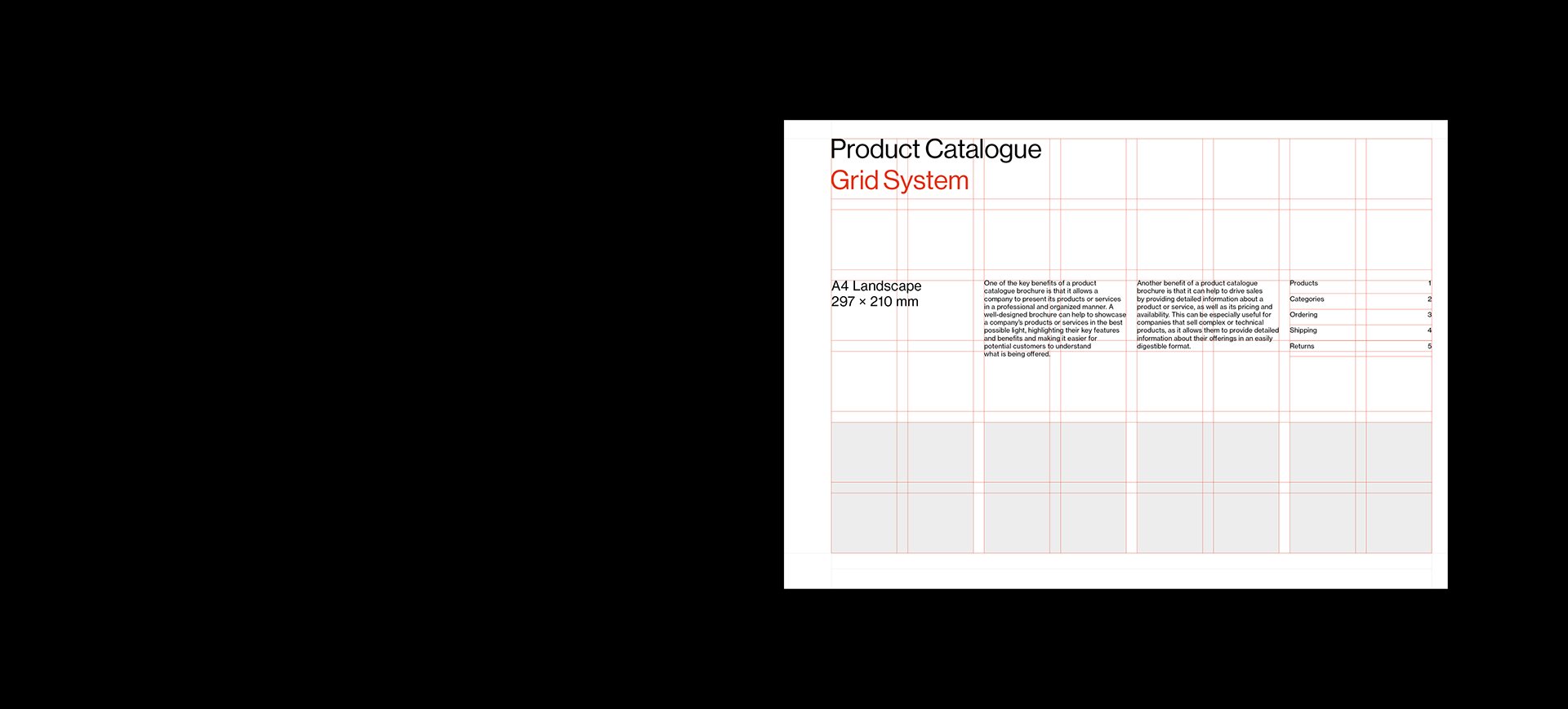 Example cover design for an A4 landscape product catalogue template for Adobe InDesign. The layout features four smaller sized images, a large title, a subtitle, introductory copy and contents