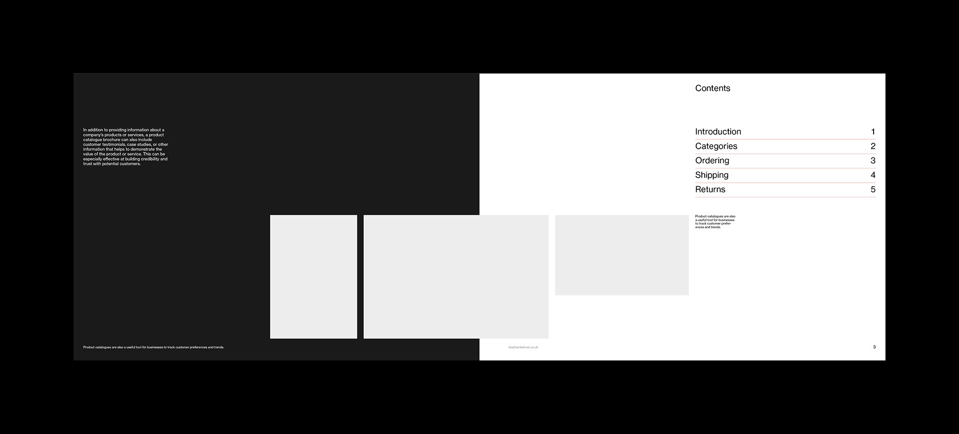 Inside front cover design for an A4 landscape catalogue template for Adobe InDesign. The inside left-hand page is dark with white text while the right-hand page has dark text on a white background. Included on the right-hand page is a main title, some contents, images and a caption
