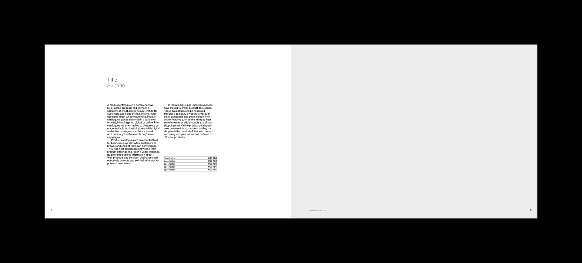 Sample typography layout design for an A4 landscape grid system and template for Adobe InDesign. Spread features copy on the left, with very large margins, and one full-bleed image on the right