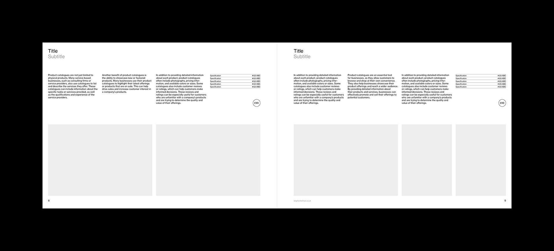Layout design for an interior spread in an A4 landscape grid system template for Adobe InDesign. Spread features two products with images and three paragraphs of copy for each