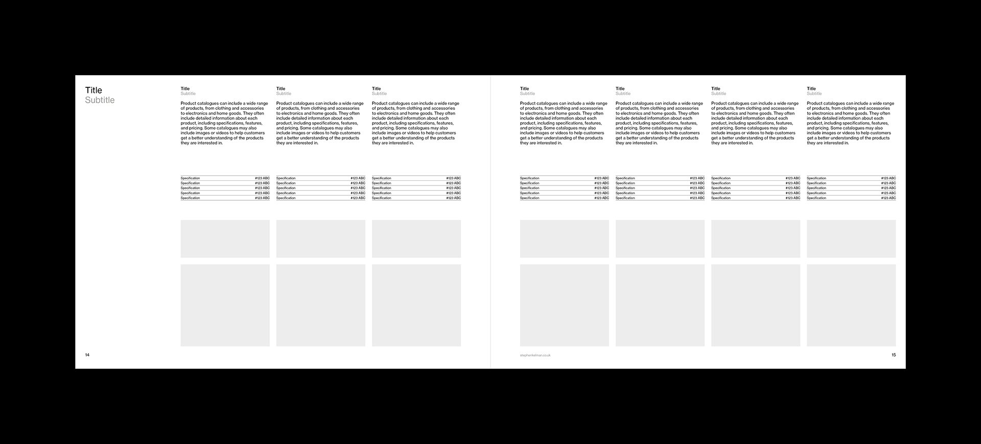 Layout design for an A4 landscape InDesign catalogue template. Spread features seven products with descriptor copy, spec copy and two images for each