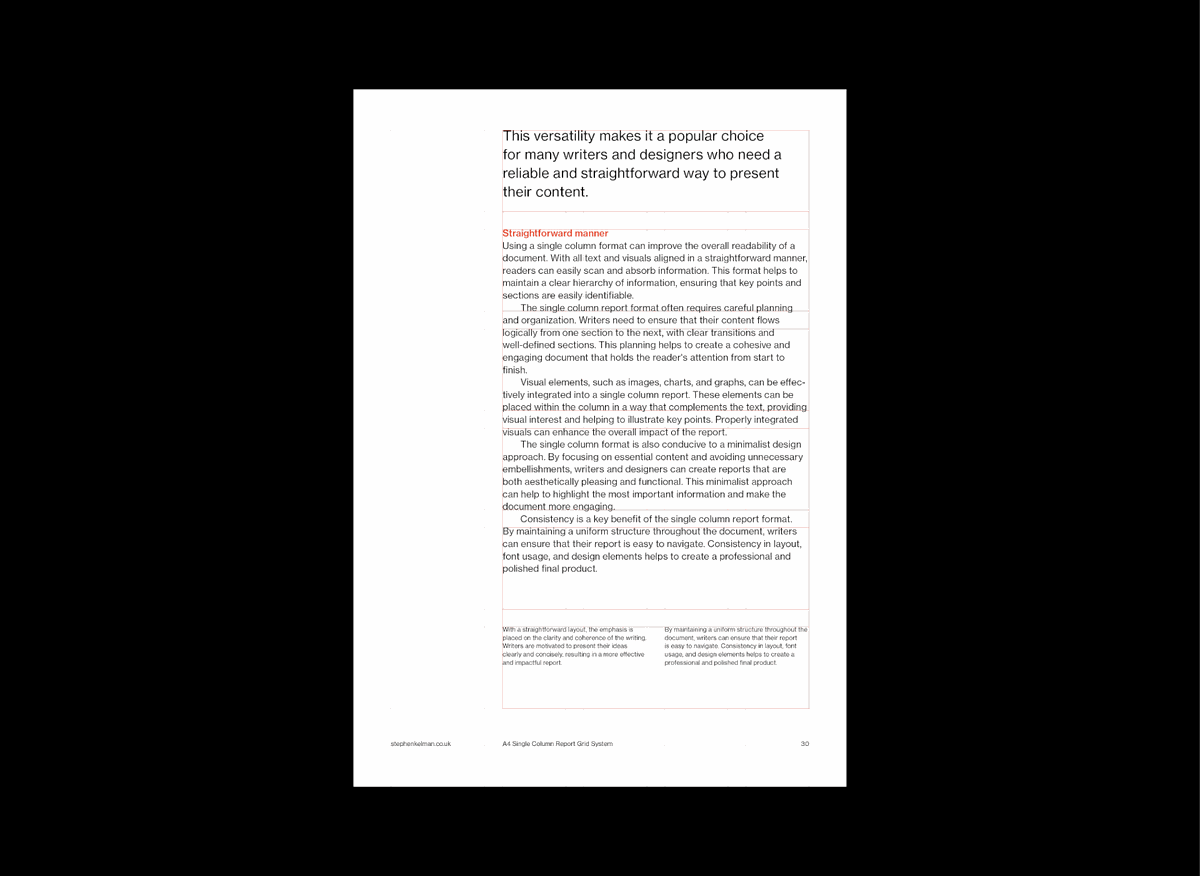 Animated demonstration of a single-column report layout showing how grid lines and consistent spacing improve readability and structure.