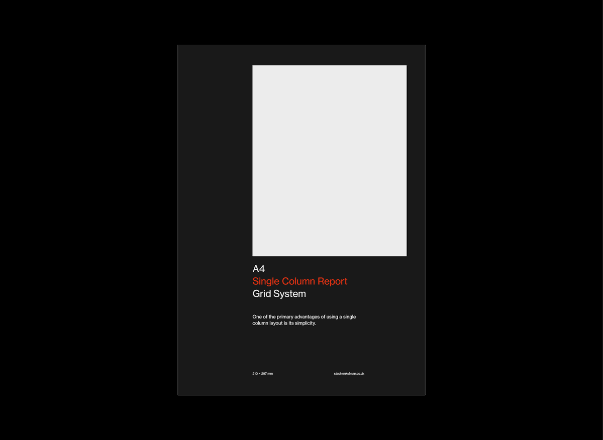 Animated visual of an A4 single-column report layout, showcasing a grid system designed for simplicity and clear content structure.
