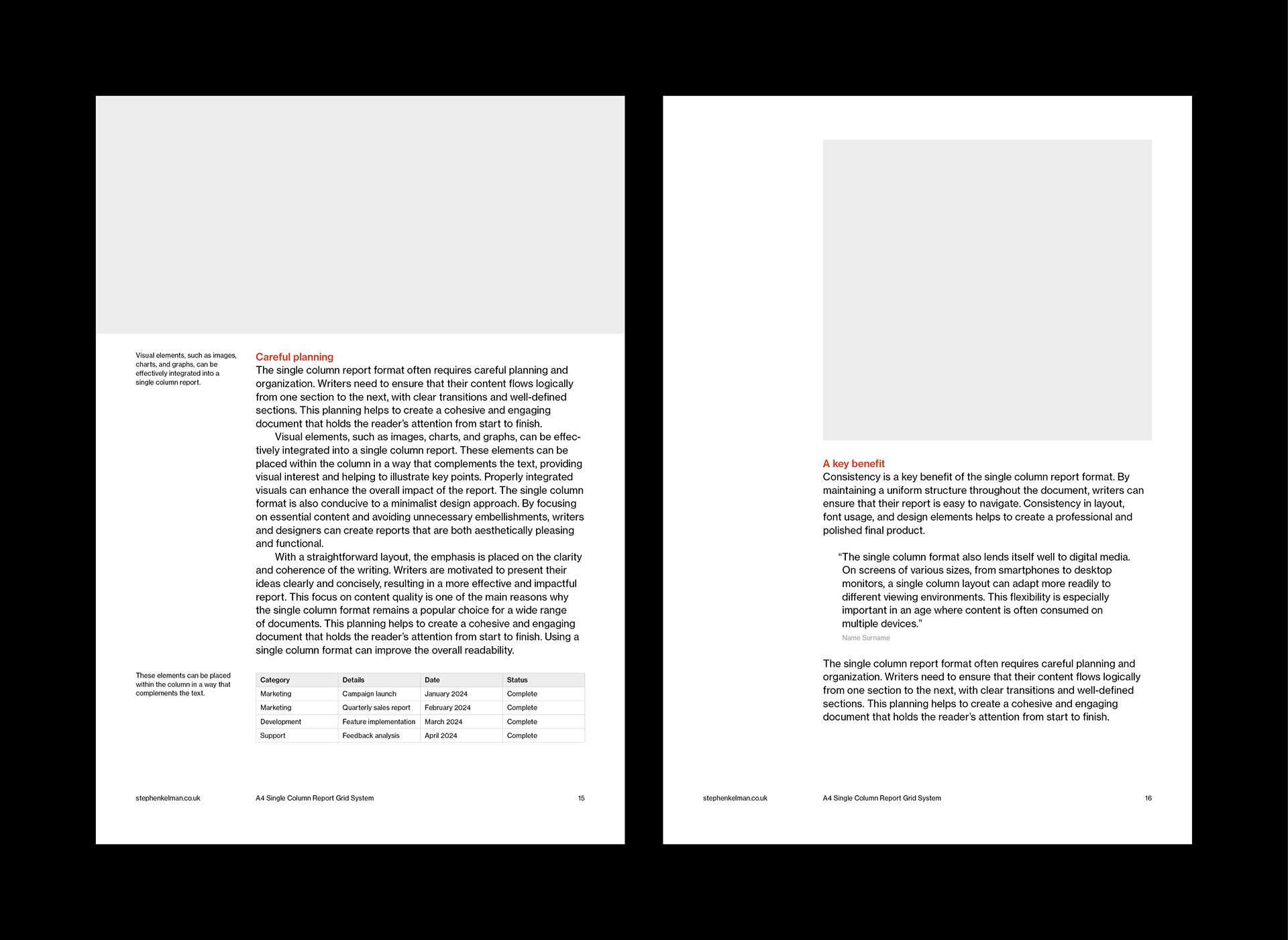 Two separate A4 pages from a single column report grid system. The left page presents a clean single-column layout featuring a red subheading titled “Careful planning,” followed by structured body text and a simple table of data. The right page includes another red subheading, “A key benefit,” and a short pull quote with a grey placeholder above it. Both pages emphasize clarity, visual hierarchy, and minimalist editorial design.