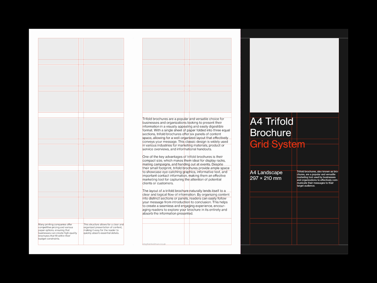 Animation of layouts for a trifold brochure – image shows visible modular grid