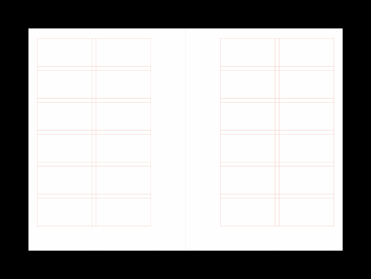 A detailed editorial spread featuring a two-column text layout with clear typographic hierarchy and red grid overlays. The structure enhances readability and visual organisation, ideal for complex information like reports or academic content. The layout follows principles of Swiss style, showcasing a rational grid system and functional typography for clear communication.