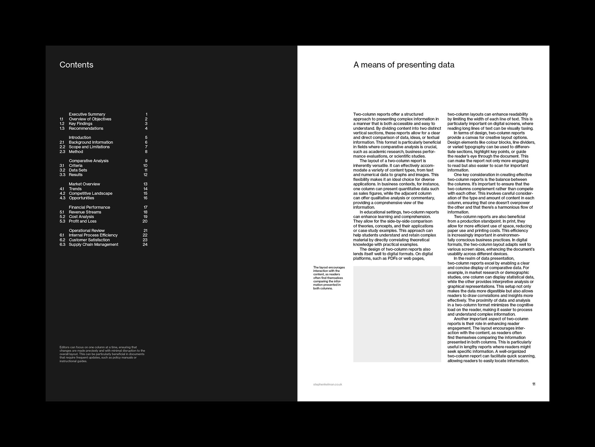 A two-page spread from a two-column report layout. The left page features a clean, minimalist contents page on a black background with white text, demonstrating typographic precision. The right page presents dense content arranged in two justified columns with a placeholder image, highlighting clarity in visual hierarchy and readability. The design uses a grid system informed by Swiss style principles, emphasizing order, alignment, and balanced white space.