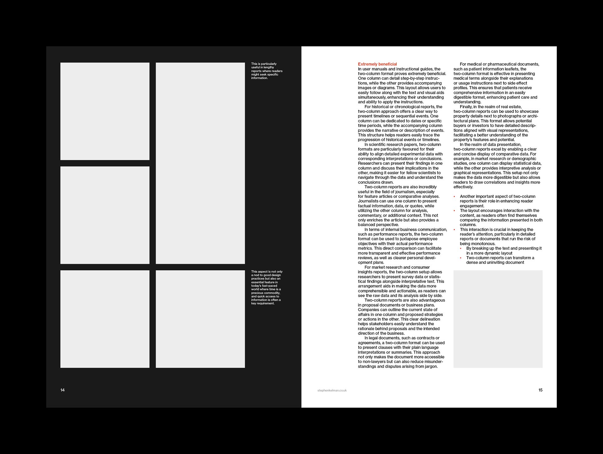 A two-page layout from a two-column report template emphasizing clarity and accessibility. The left page features six image placeholders arranged in a tight, modular grid, reflecting a Swiss style sensibility. On the right, structured body text is divided into clearly defined columns, with red text used sparingly for visual hierarchy. The layout integrates grey-shaded callouts for emphasis and provides space for both narrative content and supporting data. This example showcases a disciplined grid system, clean typographic styling, and a functional yet elegant editorial design approach.