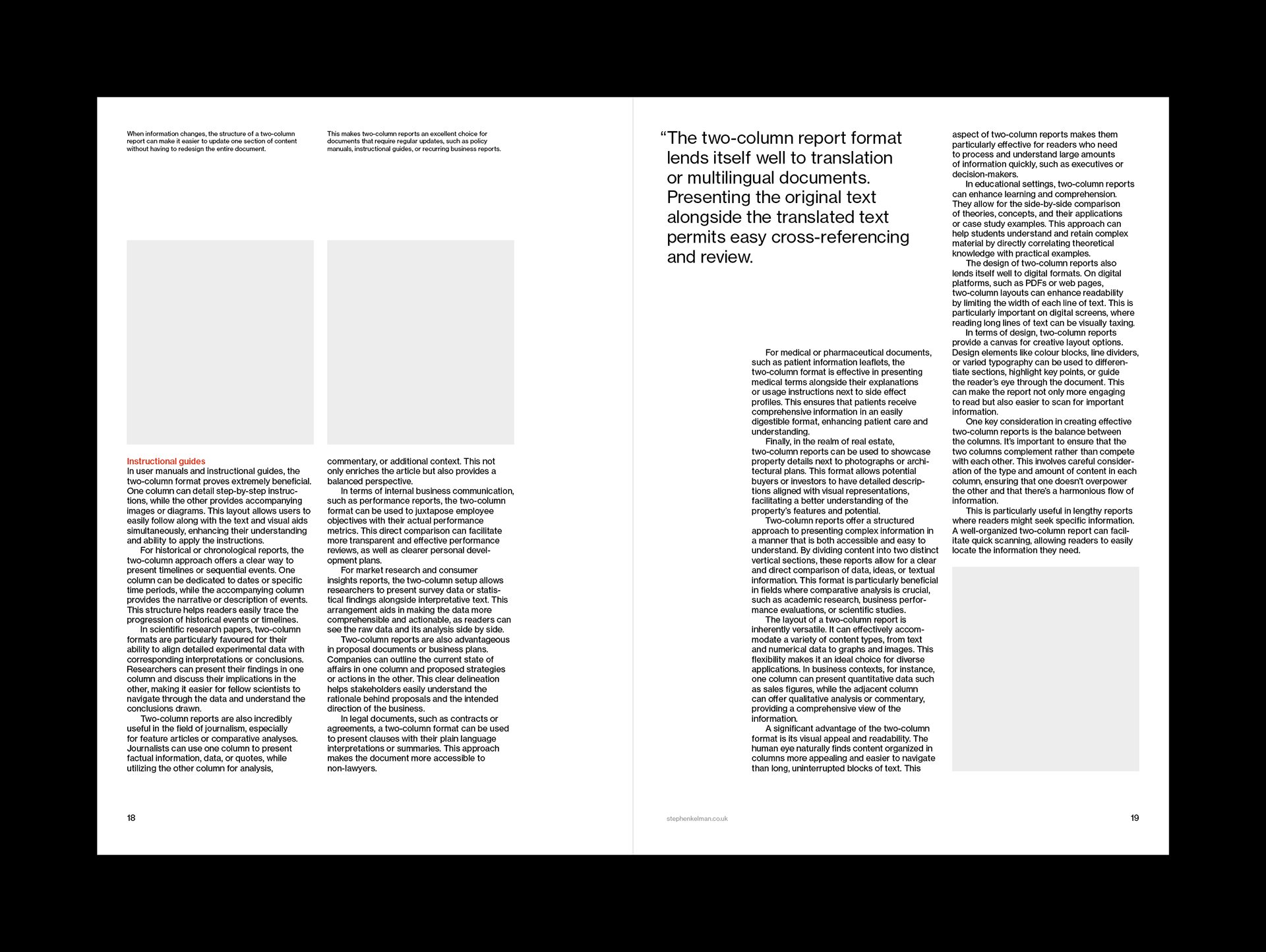 A spread from a modern two-column report layout featuring instructional content and multilingual adaptability. The left page includes placeholder visuals and red-accented section headings, emphasizing step-by-step guides, while the right page features a large pull quote and dense text discussing clarity, cross-referencing, and document design. Set within a precise grid system and showcasing minimalist typography, the layout reflects Swiss style principles with a focus on readability, alignment, and visual clarity.