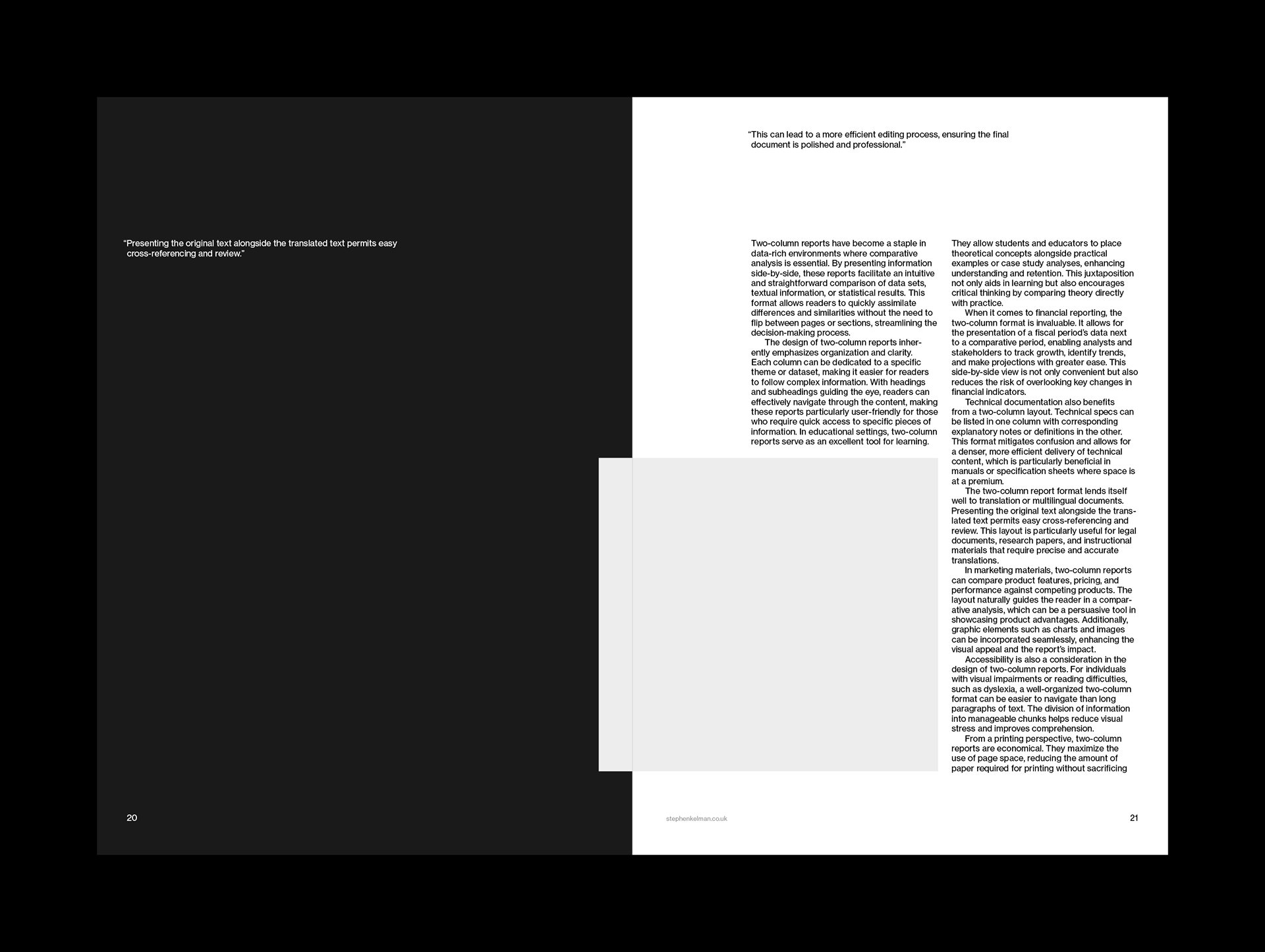 A clean, structured layout of a two-column report spread. The left page features a black background with a minimalist white pull quote, reinforcing the benefits of side-by-side translation. The right page includes dense paragraphs, a placeholder graphic, and a secondary pull quote emphasizing polished and professional editing. Set on a strict grid system, the composition embraces Swiss style typography, using clarity, contrast, and alignment to enhance readability and typographic structure.