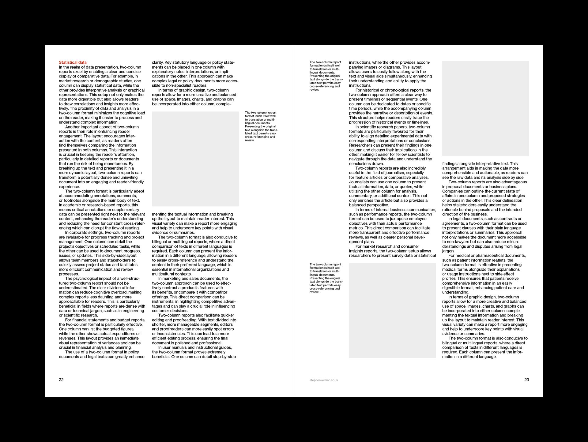 Double-page layout of a two-column report design, demonstrating structured information flow for statistical data. The left page opens with a red subheading and detailed paragraph blocks, while the right page continues with placeholder grey boxes representing images or charts. The layout is supported by a strict grid system and careful typographic hierarchy, exemplifying Swiss style influences through precision, minimalism, and readability. The alternating blocks of text and imagery illustrate how complex content can be presented clearly and concisely in print.