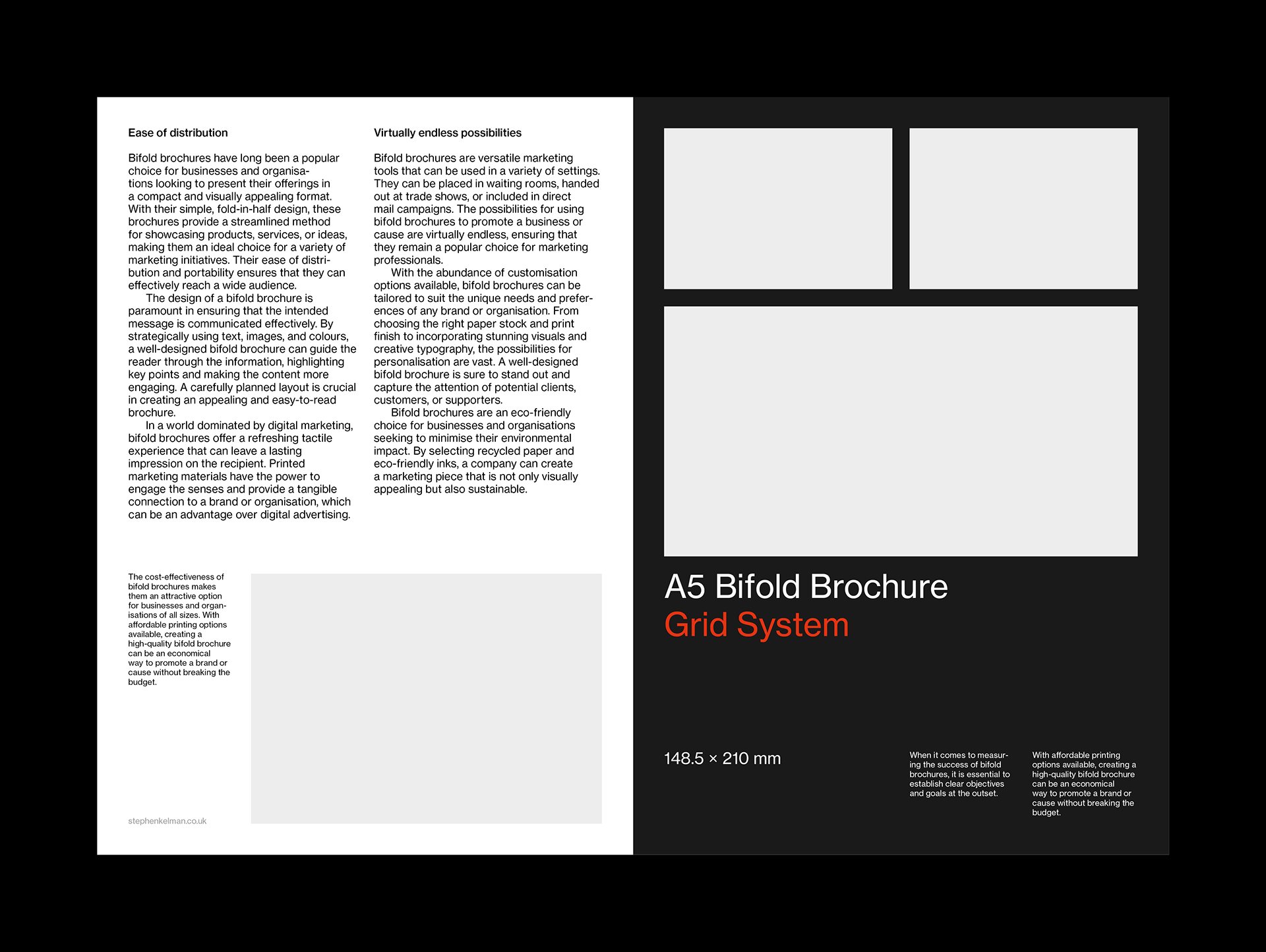 Example layout with Swiss style typography for the outside of an A5 bifold brochure. This example shows a mixture of left-aligned text and images on both light and dark backgrounds