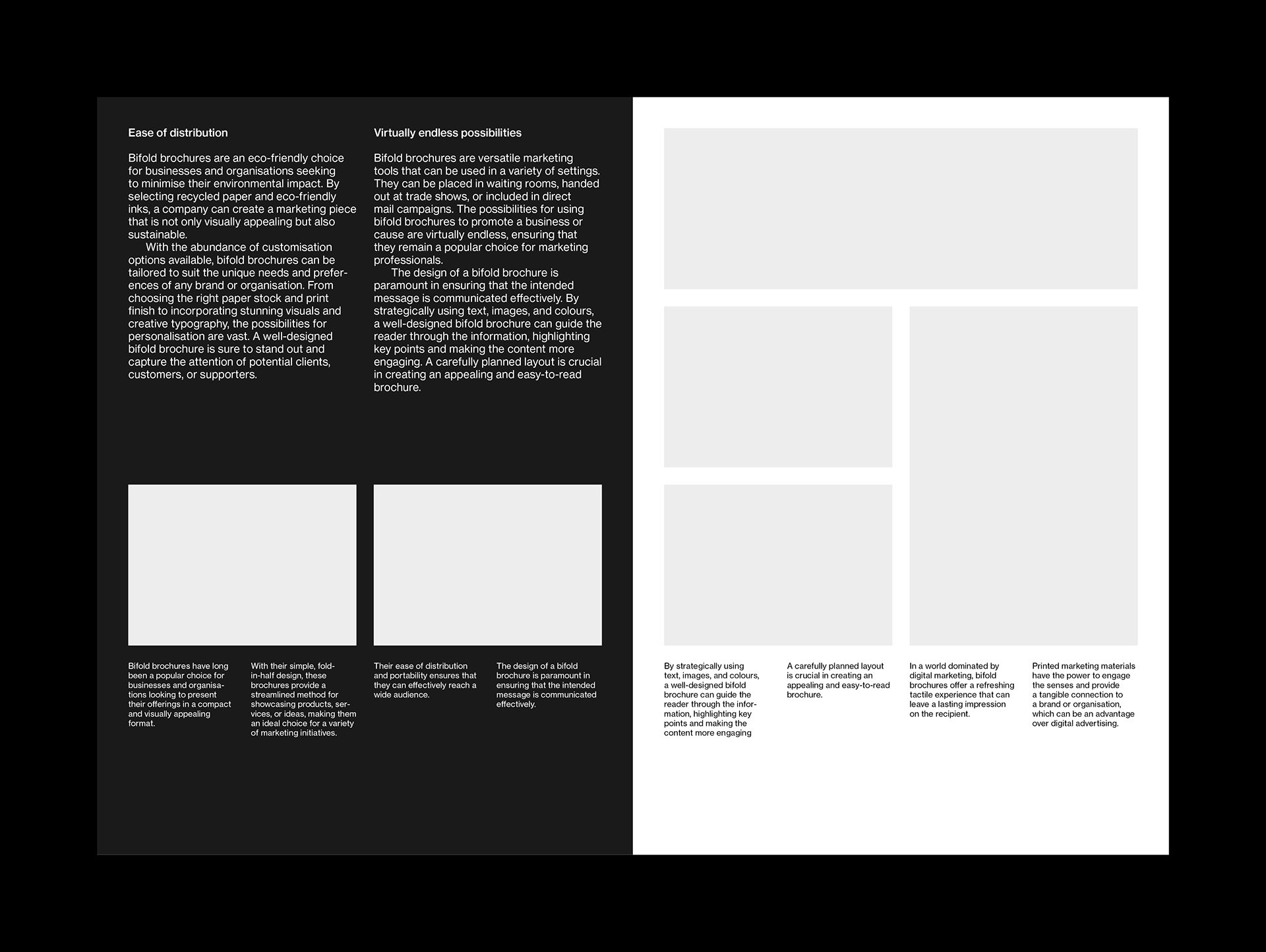 Example layout with Swiss style typography for the inside of an A5 bifold brochure. This example shows a mixture of left-aligned text and images on both light and dark backgrounds