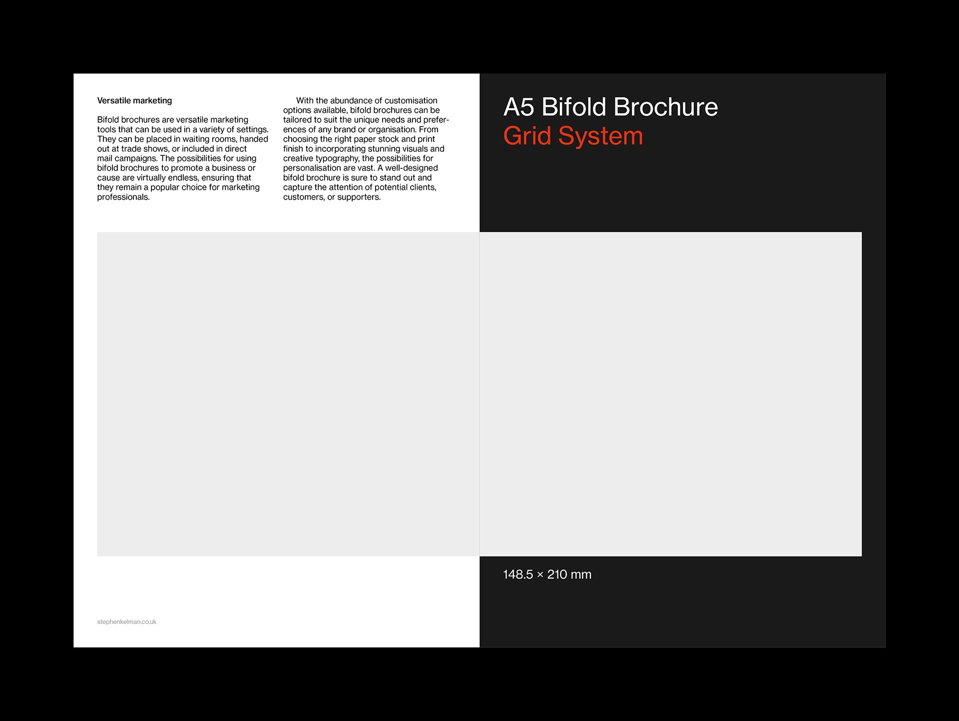 Example layout with Swiss style typography for the outside of an A5 bifold brochure. This example shows left-aligned text one large image on both light and dark backgrounds