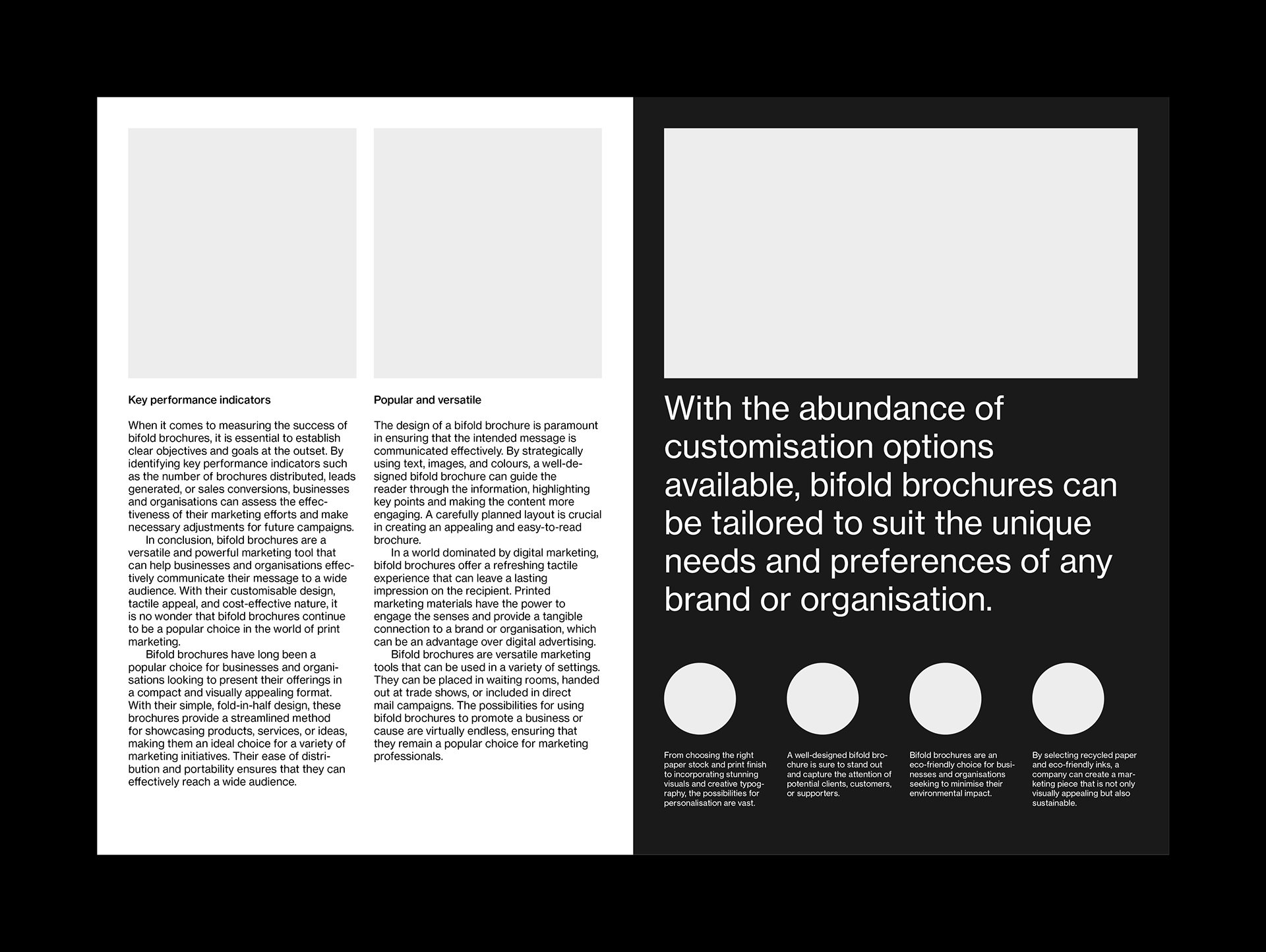 Example layout with Swiss style typography for the inside of an A5 bifold brochure. This example shows a mixture of left-aligned text and images on both light and dark backgrounds