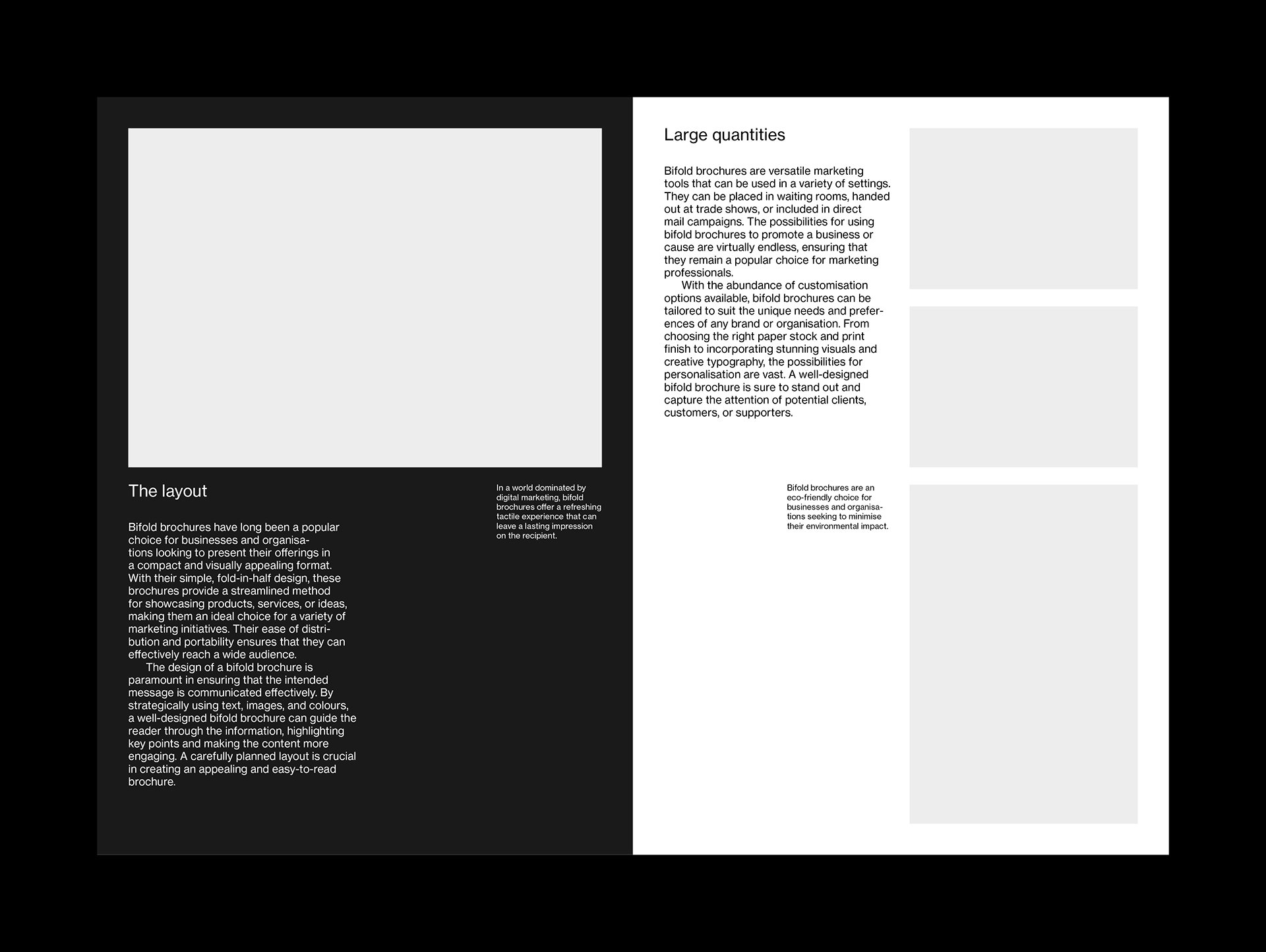 Example layout with Swiss style typography for the inside of an A5 bifold brochure. This example shows a mixture of left-aligned text and images on both light and dark backgrounds