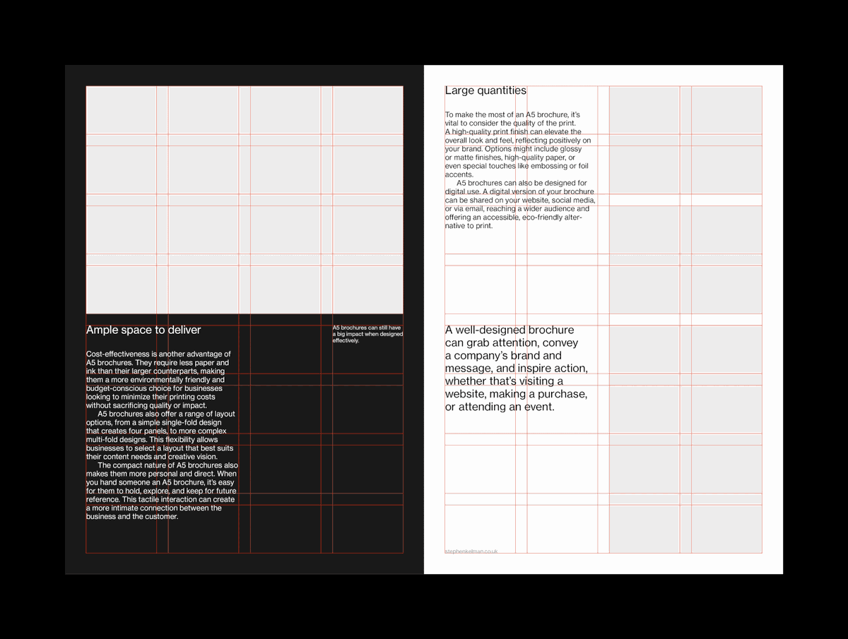 Gif animation showing example layouts and modular grid for a smaller brochure InDesign template