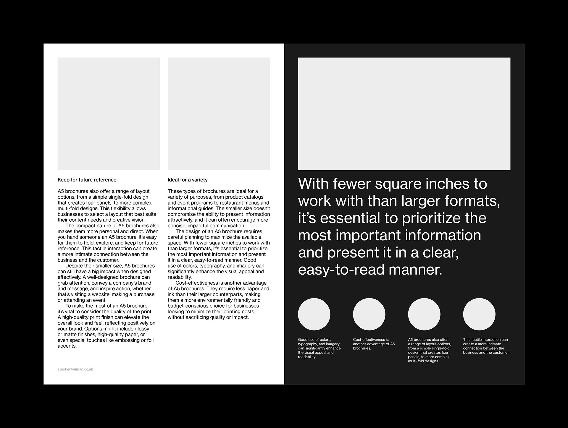 Swiss style layout example for a smaller format A5 InDesign brochure template. This spread has a light background on the left and a dark background on the right