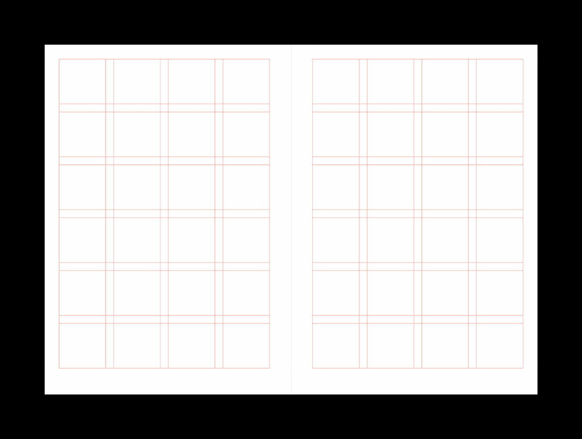 Animation showing the grid system and corresponding layout examples for an A5 Catalogue template for Adobe InDesign