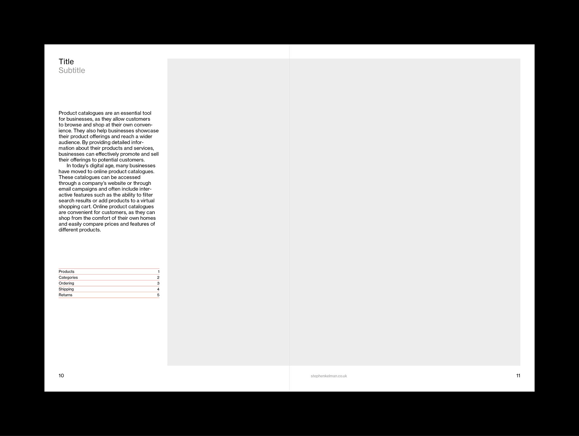 Inside spread example for A5 catalogue. This example shows text to the left and a large image across the spread