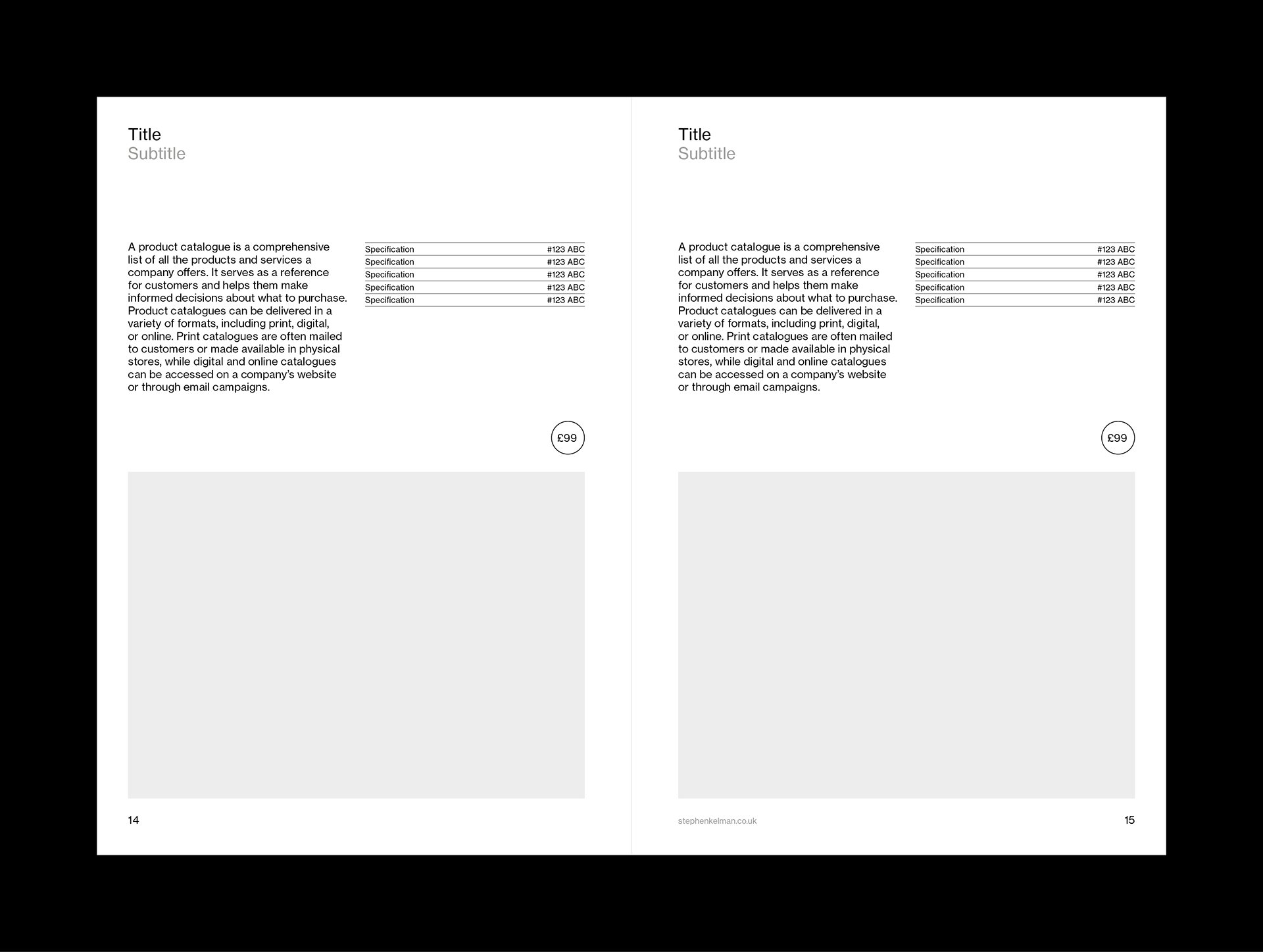 Internal layout example for A5 catalogue grid system and template for Adobe InDesign. This layout shows a mixture of text and images