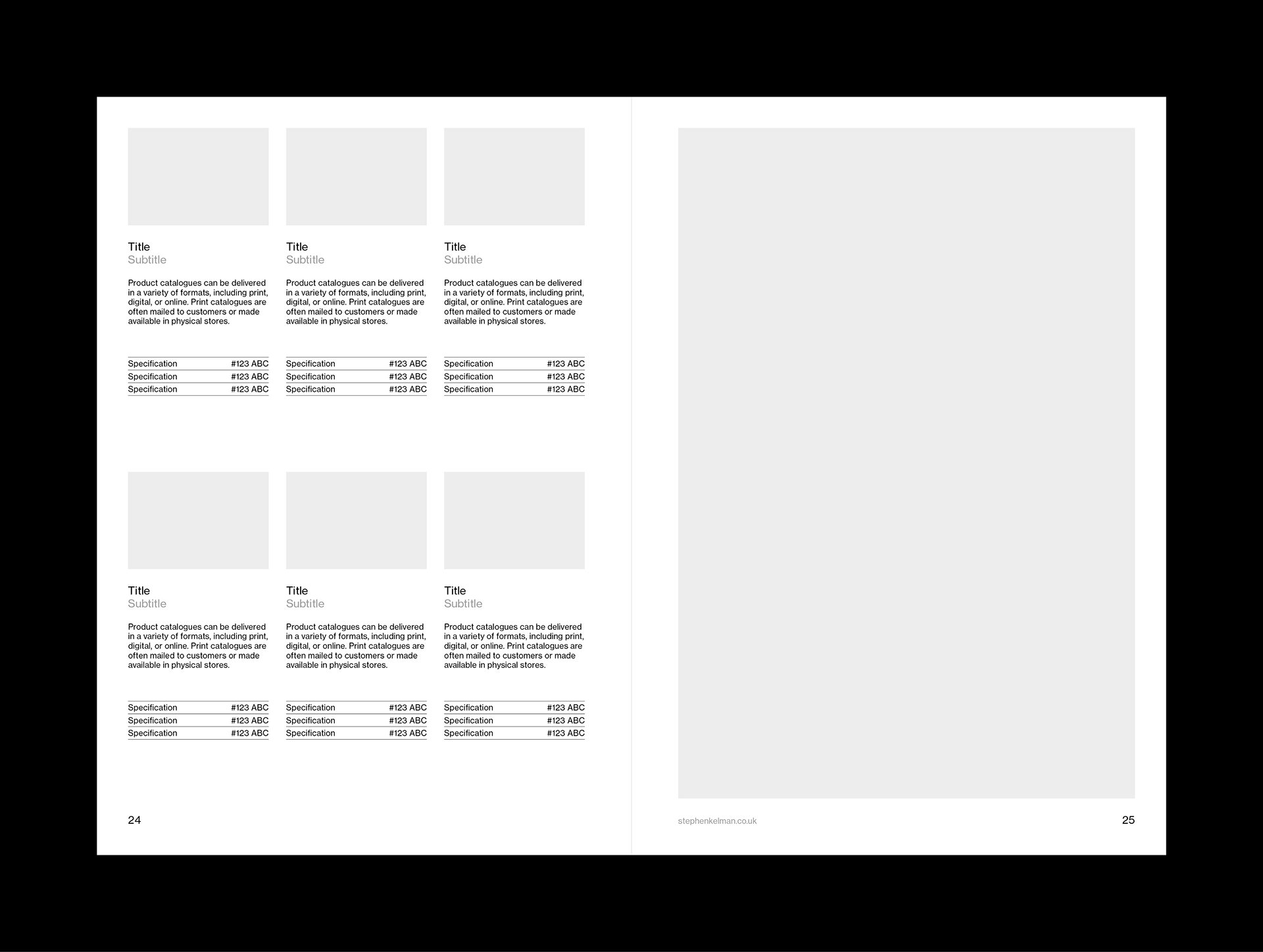 Internal layout example for A5 catalogue grid system and template for Adobe InDesign. This layout shows a mixture of text and images – with a large image on the right hand page
