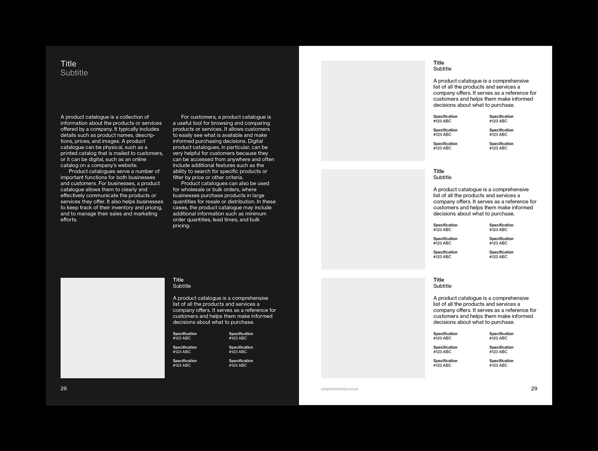 Internal layout example for A5 catalogue grid system and template for Adobe InDesign. This layout shows a mixture of text and images – this example includes both white and black backgrounds
