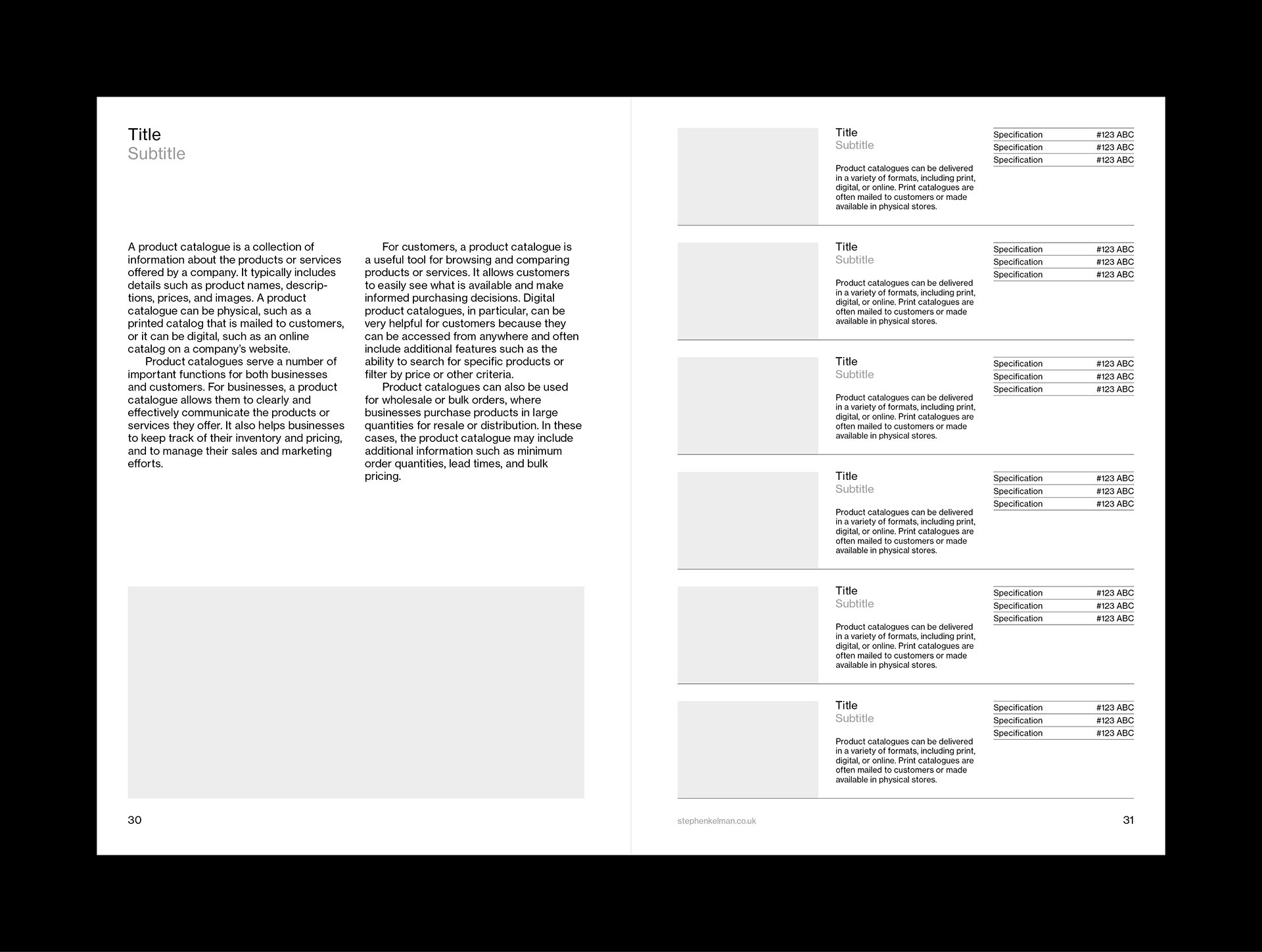 Internal layout example for A5 catalogue grid system and template for Adobe InDesign. This layout shows a mixture of text and images