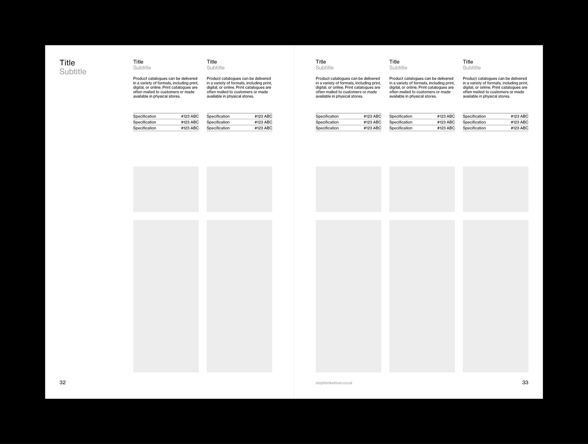 Internal layout example for A5 catalogue grid system and template for Adobe InDesign. This layout shows a mixture of text and images