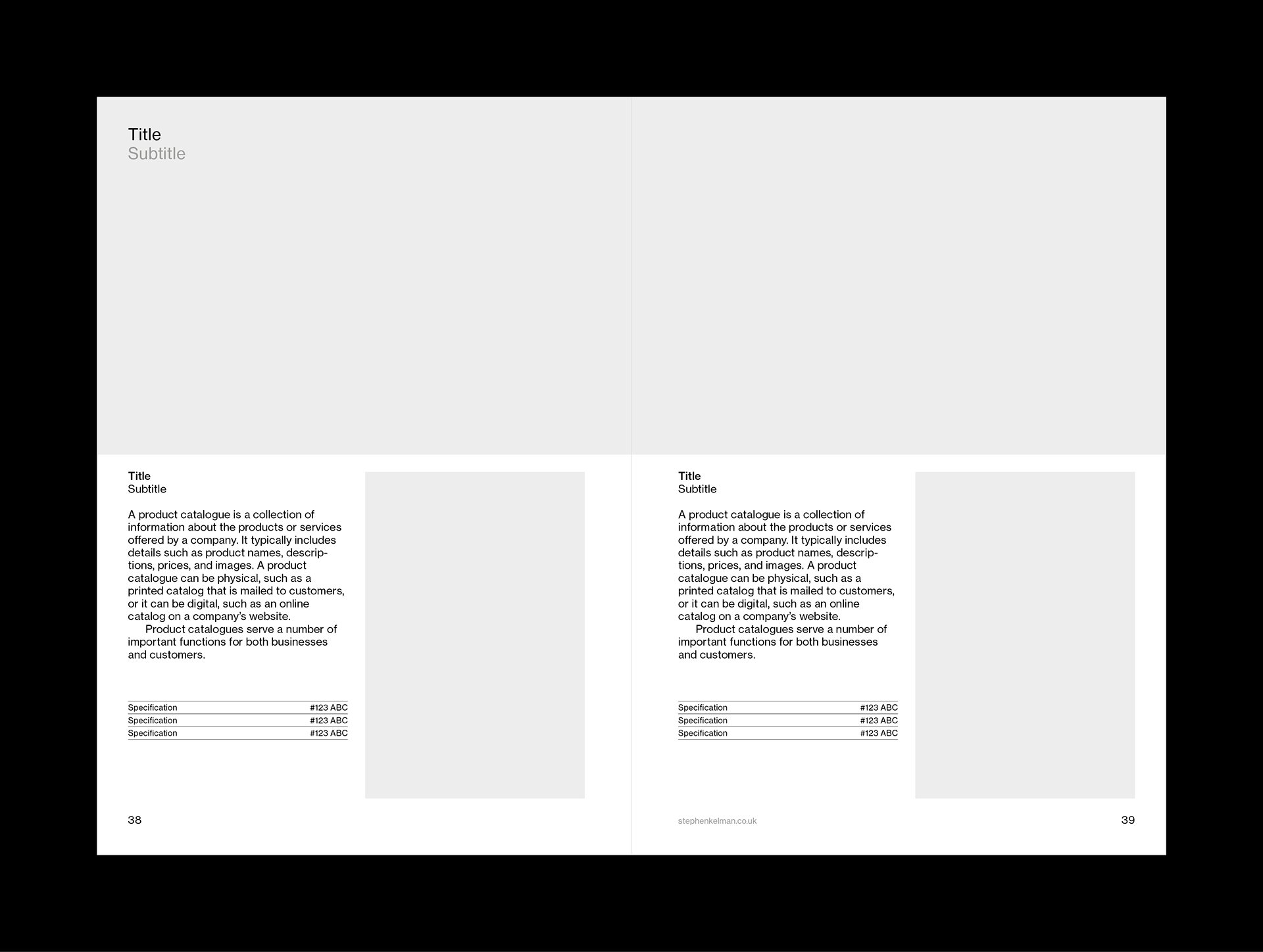 Internal layout example for A5 catalogue grid system and template for Adobe InDesign. This layout shows a mixture of text and images – this example is on a white background