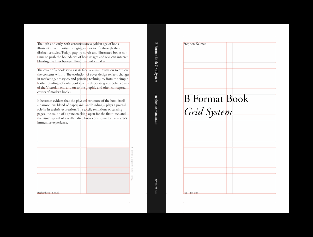 Flat layout of a B format book cover design, displaying the front cover, spine, and back cover with a visible red grid overlay. The front cover presents the title B Format Book Grid System in a serif typeface, with the author’s name positioned in the upper left corner. The layout is clean and structured, guided by the underlying grid. The spine contains the book title, website, and dimensions (129 × 198 mm) rotated vertically. The back cover includes a descriptive passage about the sensory and visual impact of physical books. The overall composition emphasizes typographic clarity and alignment.