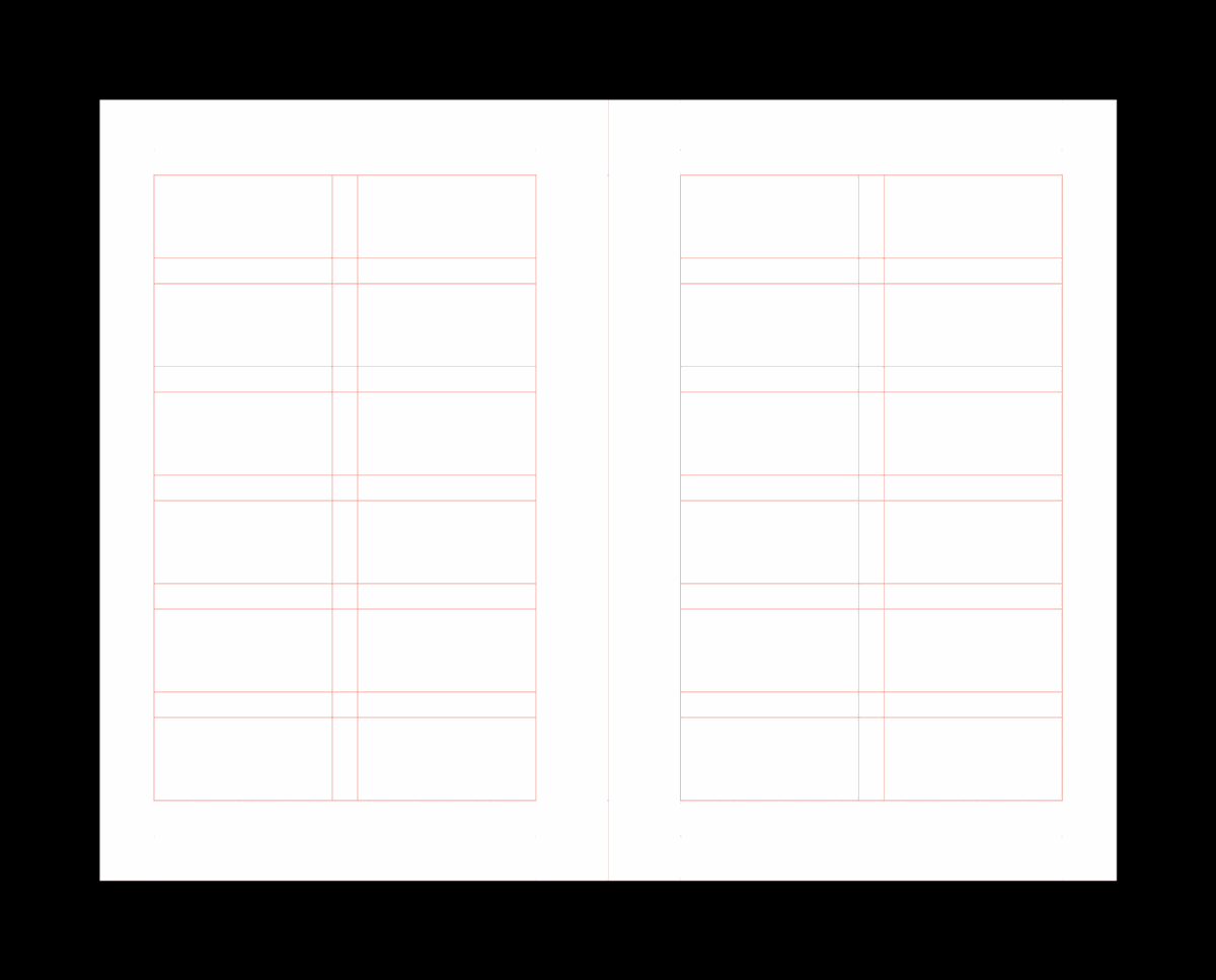 Double-page book spread displaying a structured grid layout with red lines. Each page features a consistent vertical and horizontal grid system designed to support balanced text and image placement. Margins, gutters, and modular divisions are clearly defined, emphasizing spatial organization and alignment across the spread. The layout is blank, showcasing the underlying grid framework without content.