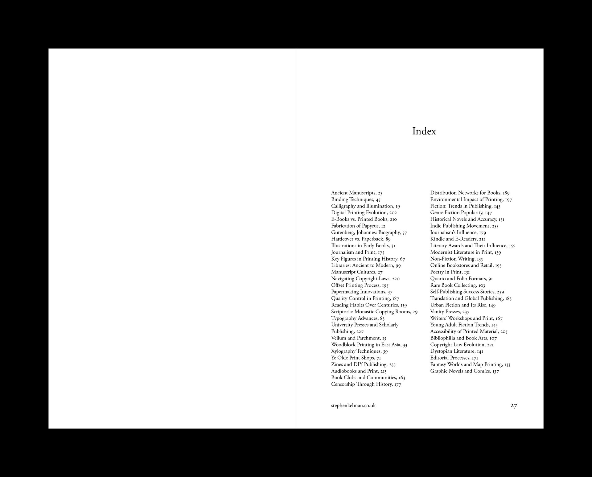 Right-hand page of a B Format book showing an index laid out in two balanced columns. The entries are alphabetised and followed by corresponding page numbers, covering a wide range of topics from “Ancient Manuscripts” to “Zines and DIY Publishing.” The left-hand page is blank, maintaining a minimalist composition. Ample white space and consistent typographic hierarchy support readability and visual clarity.
