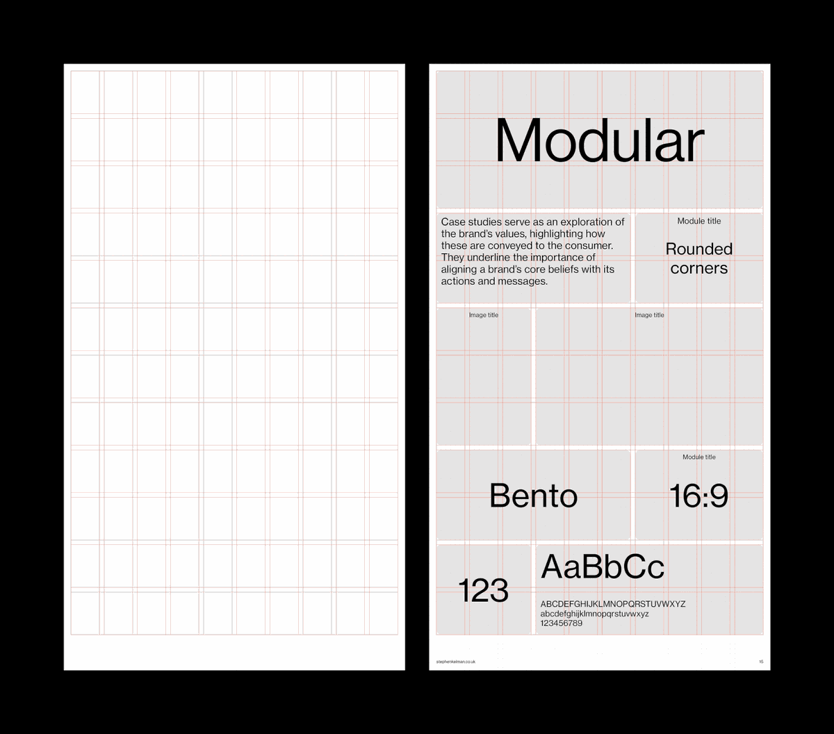 Animated gif showing layout examples and visible modular grid for a bento style InDesign presentation template