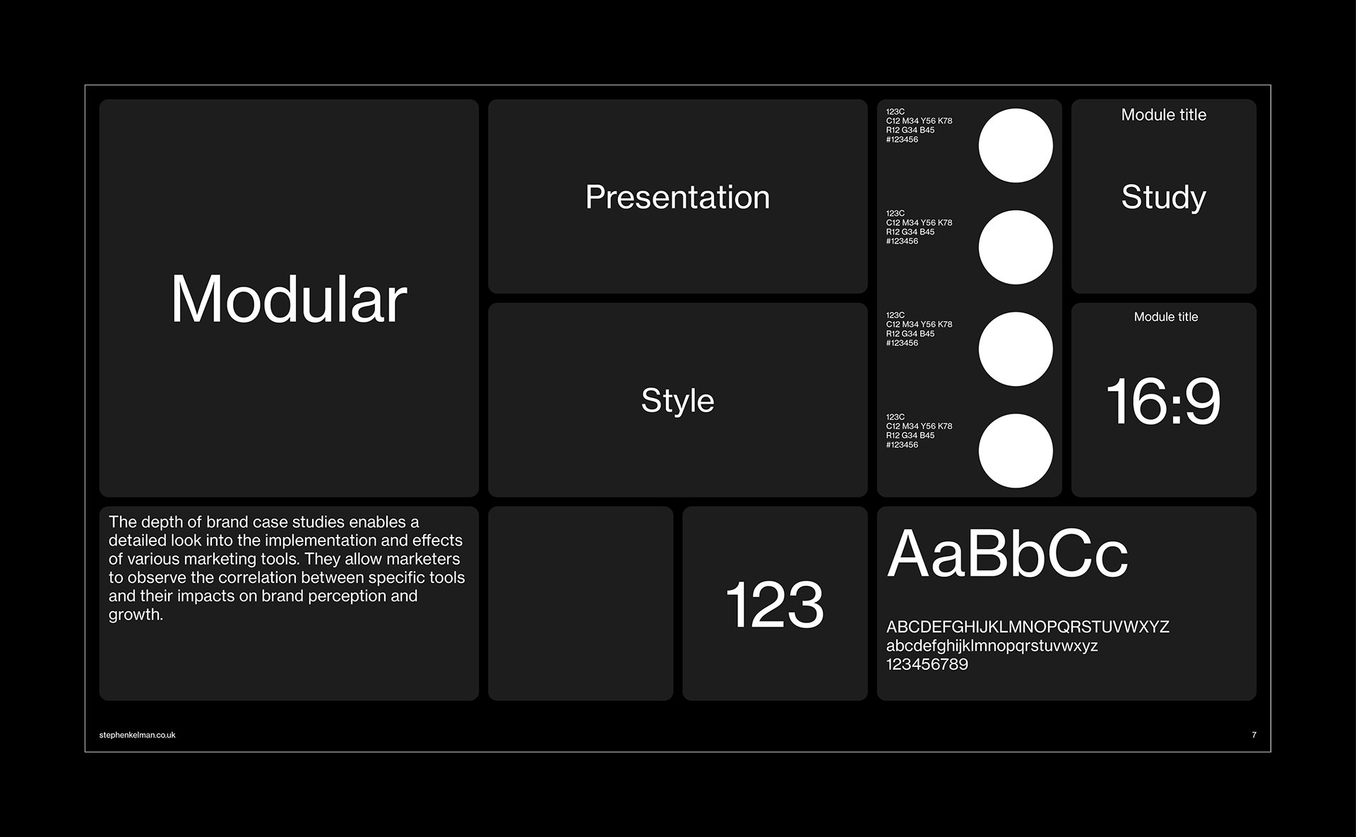 Bento Style Presentation Grid System for InDesign | Example layout on black background