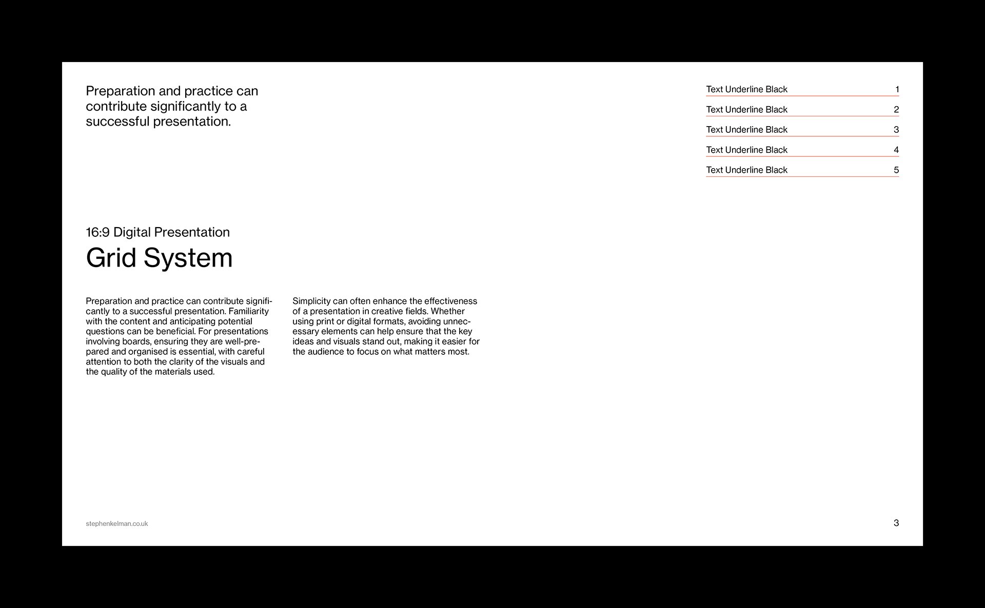 A minimal 16:9 digital presentation slide designed using a Swiss Style grid system, with a strong focus on clean layout and typographic clarity. The structured composition uses two balanced columns of body text, a bold headline, and a neatly aligned navigation list, all reinforcing the grid’s rhythm and enhancing the visual hierarchy.