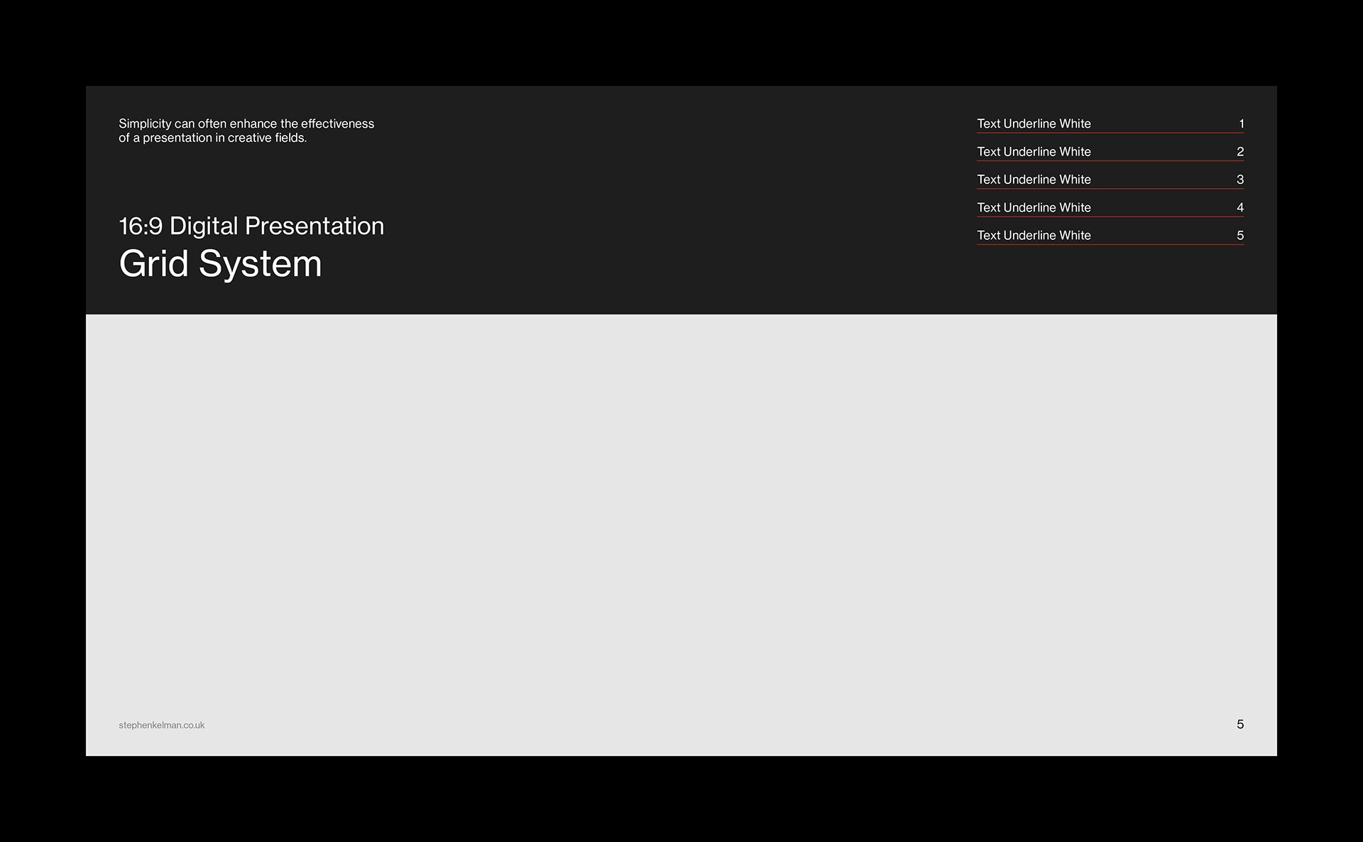A 16:9 digital presentation slide using a Swiss Style layout, where a modular grid system structures a two-tone composition. The upper dark panel houses bold white typography and navigation links, while the lower light section provides space for visuals or supporting content. This minimalist design showcases the synergy between grid system, layout balance, and typographic clarity.