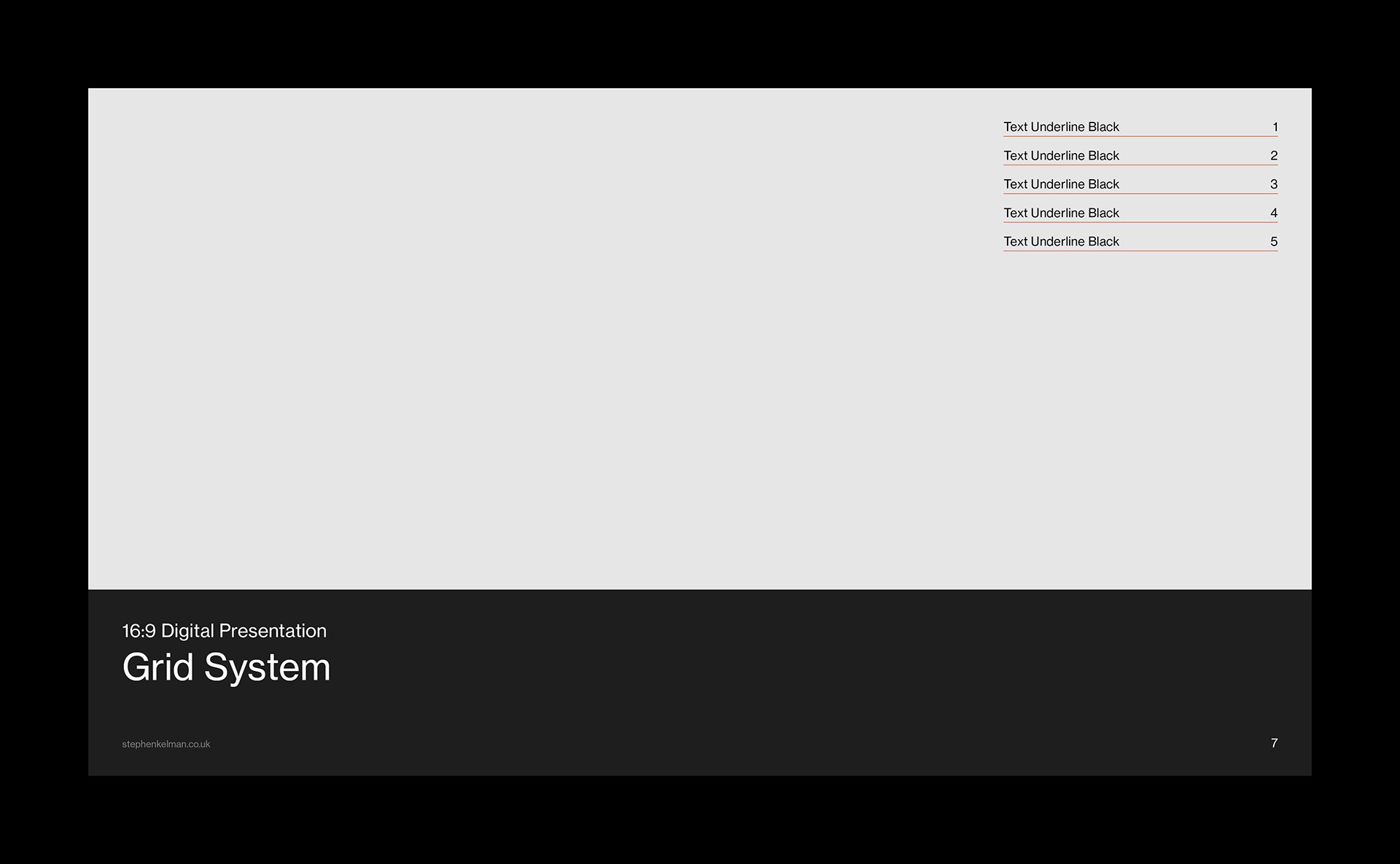 A 16:9 digital presentation slide featuring a Swiss Style grid system with a clean horizontal layout. The bottom third of the slide uses a dark band to anchor the title and website, contrasting with the lighter upper section reserved for content or visuals. This minimal design highlights the power of layout, grid structure, and refined typography to create visual balance and clarity.