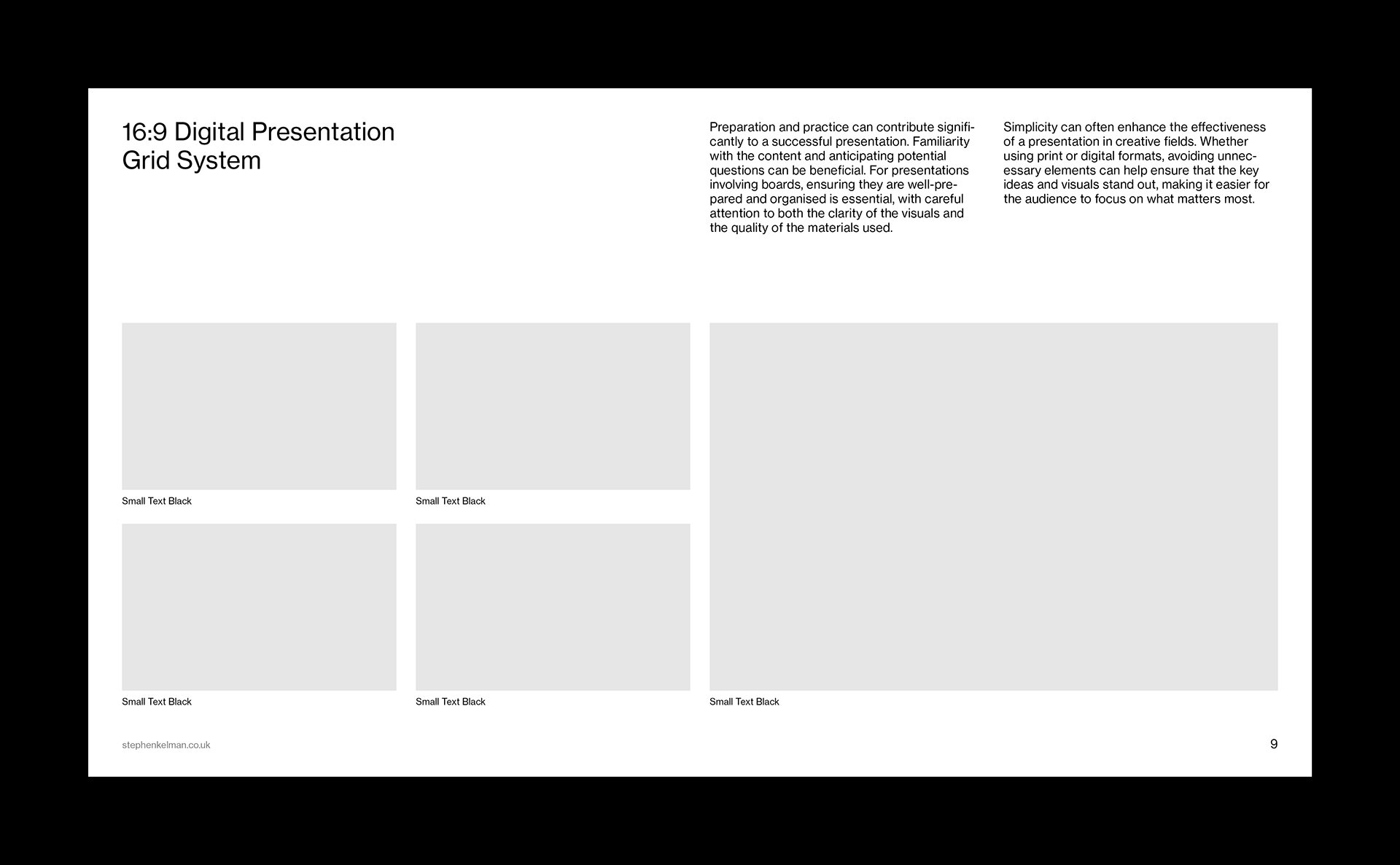 A 16:9 digital presentation slide structured using a Swiss Style grid system, combining typographic content with multiple image placeholders. The layout aligns three columns of text at the top with five equally spaced visual modules below, demonstrating how layout, grid systems, and typography work together to create clarity and balance in modern presentation design.
