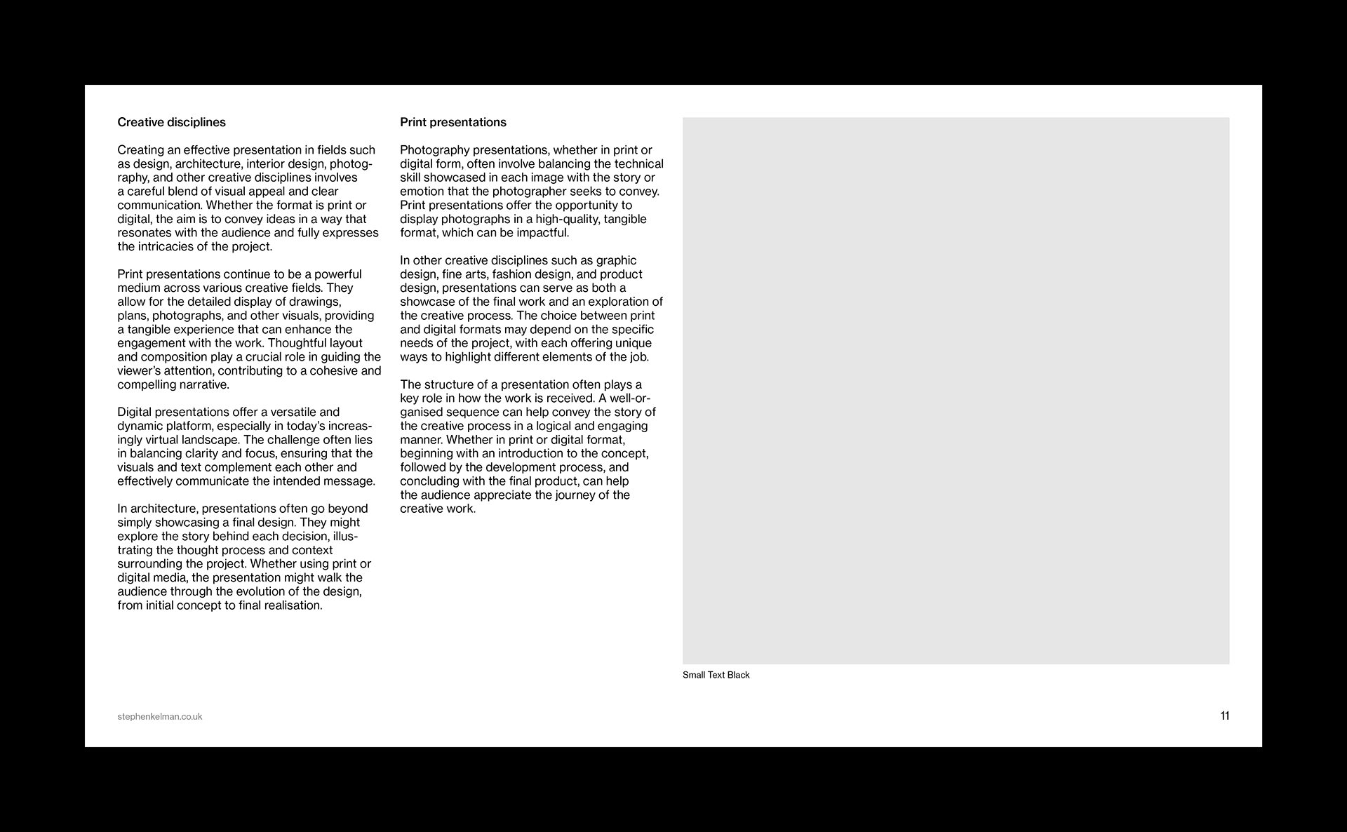 A 16:9 digital presentation slide following a Swiss Style grid system, featuring two dense columns of text alongside a large visual placeholder. The structured layout uses precise spacing and typographic consistency to enhance readability, demonstrating how layout, grid systems, and typography contribute to professional and balanced presentation design.